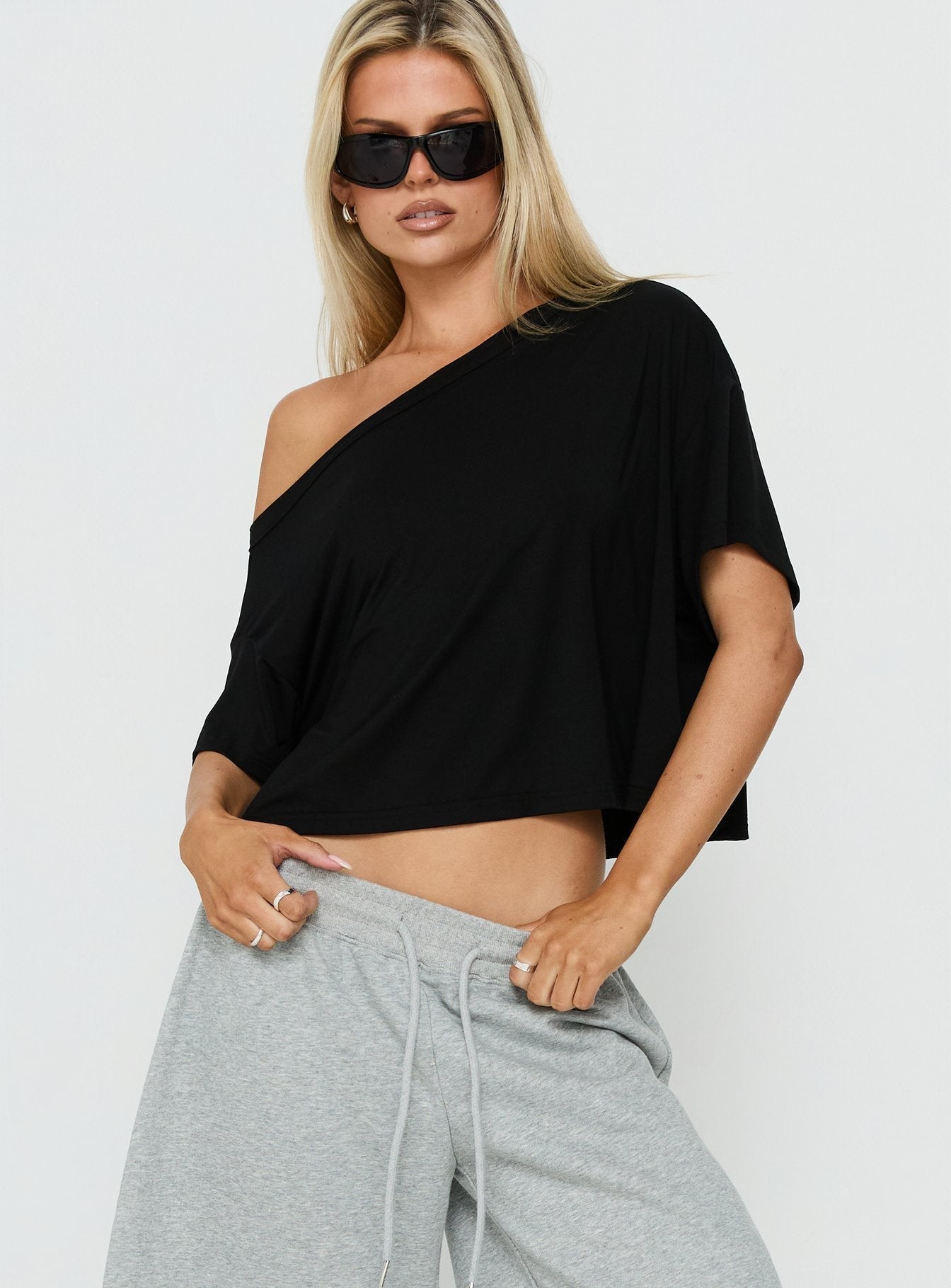 Bailea Off Shoulder Cropped Tee Black