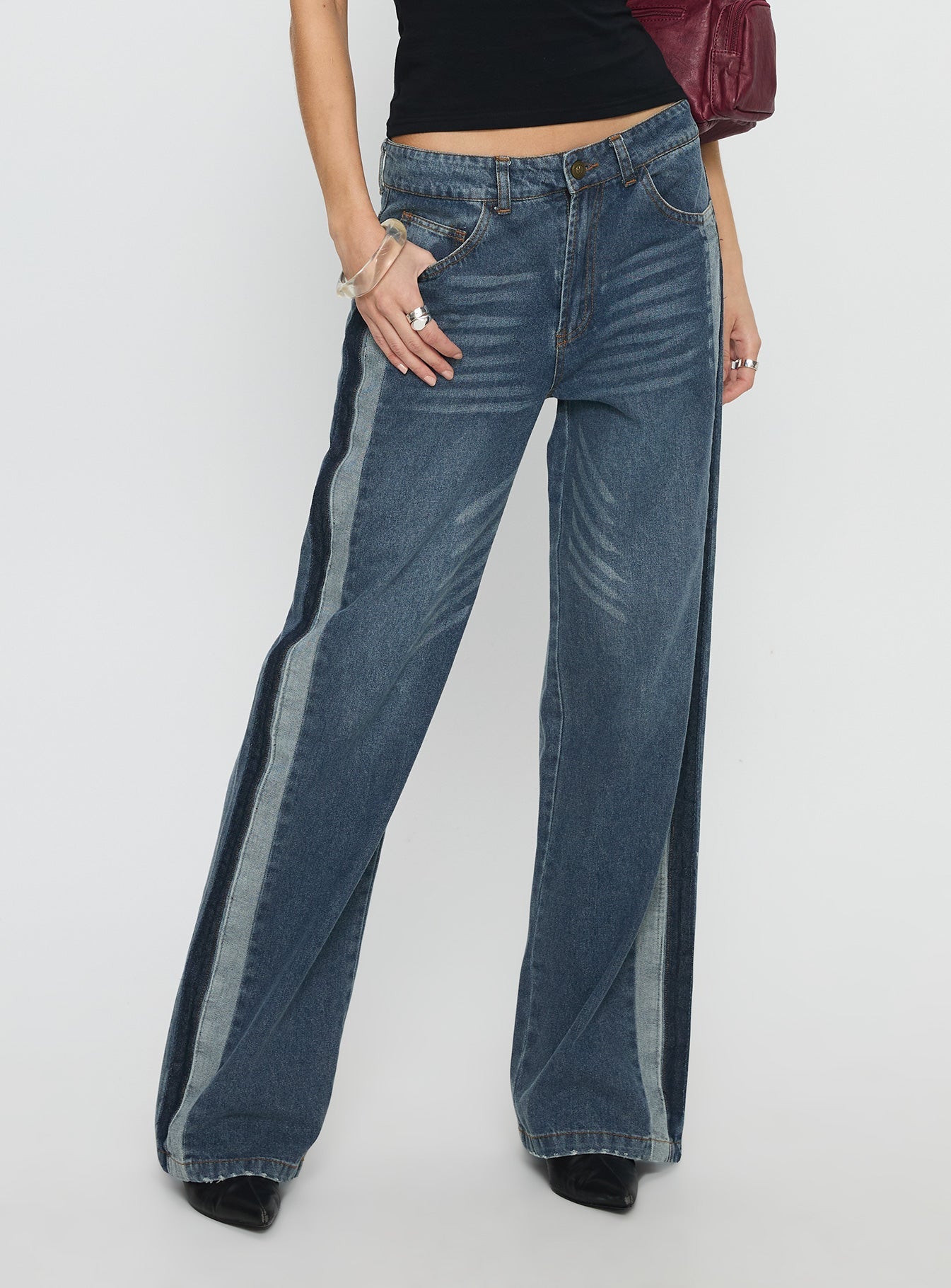 Born Again Mid Rise Straight Leg Contrast Detail Jeans Dark Blue
