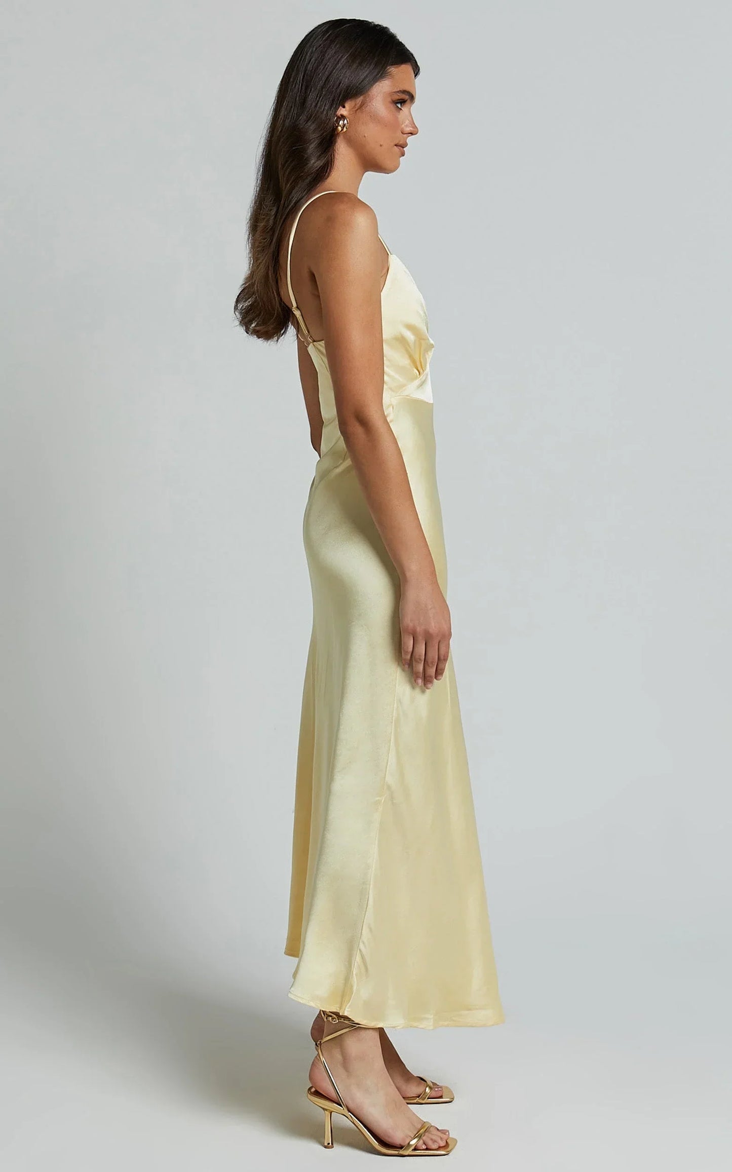 Lorenzia Maxi Dress - Plunge Corset Underbust Detail Satin Dress in Lemon