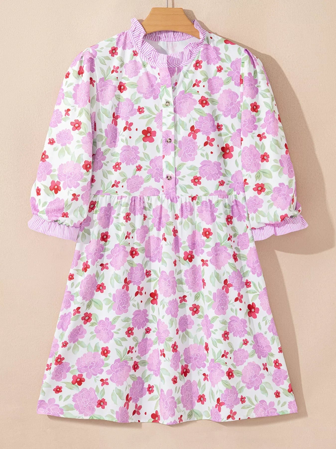 Floral Print Striped Trim Frilled Neck 3/4 Sleeve Flared Mini Dress
