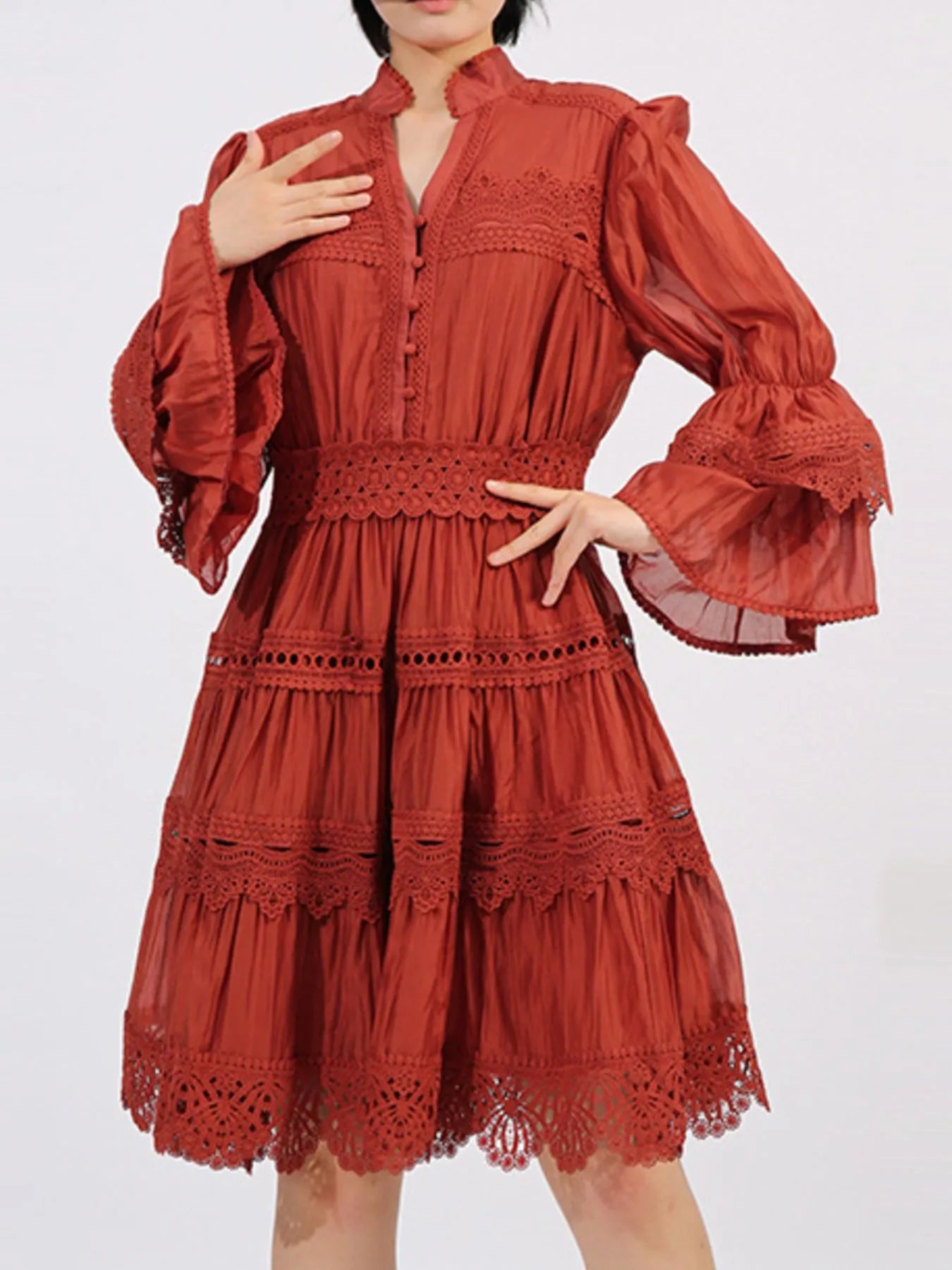 Ruffle Lace Trim Long Sleeve Dress