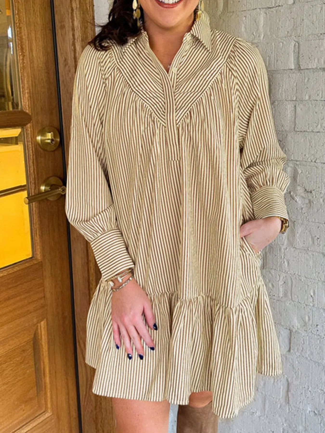 Stripe Collared Neck Cuffed Long Sleeve Drop Waist Mini Dress
