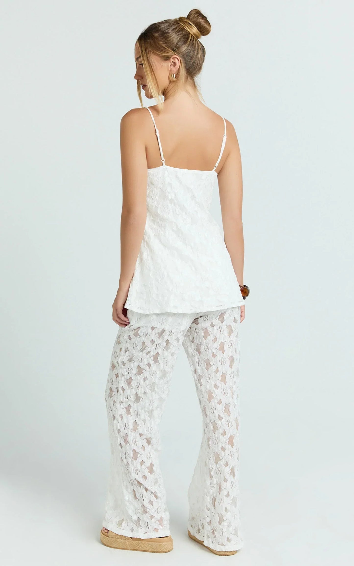Leah Two Piece Set - Beaded Cami and Wide Leg Lace Pant Set in White