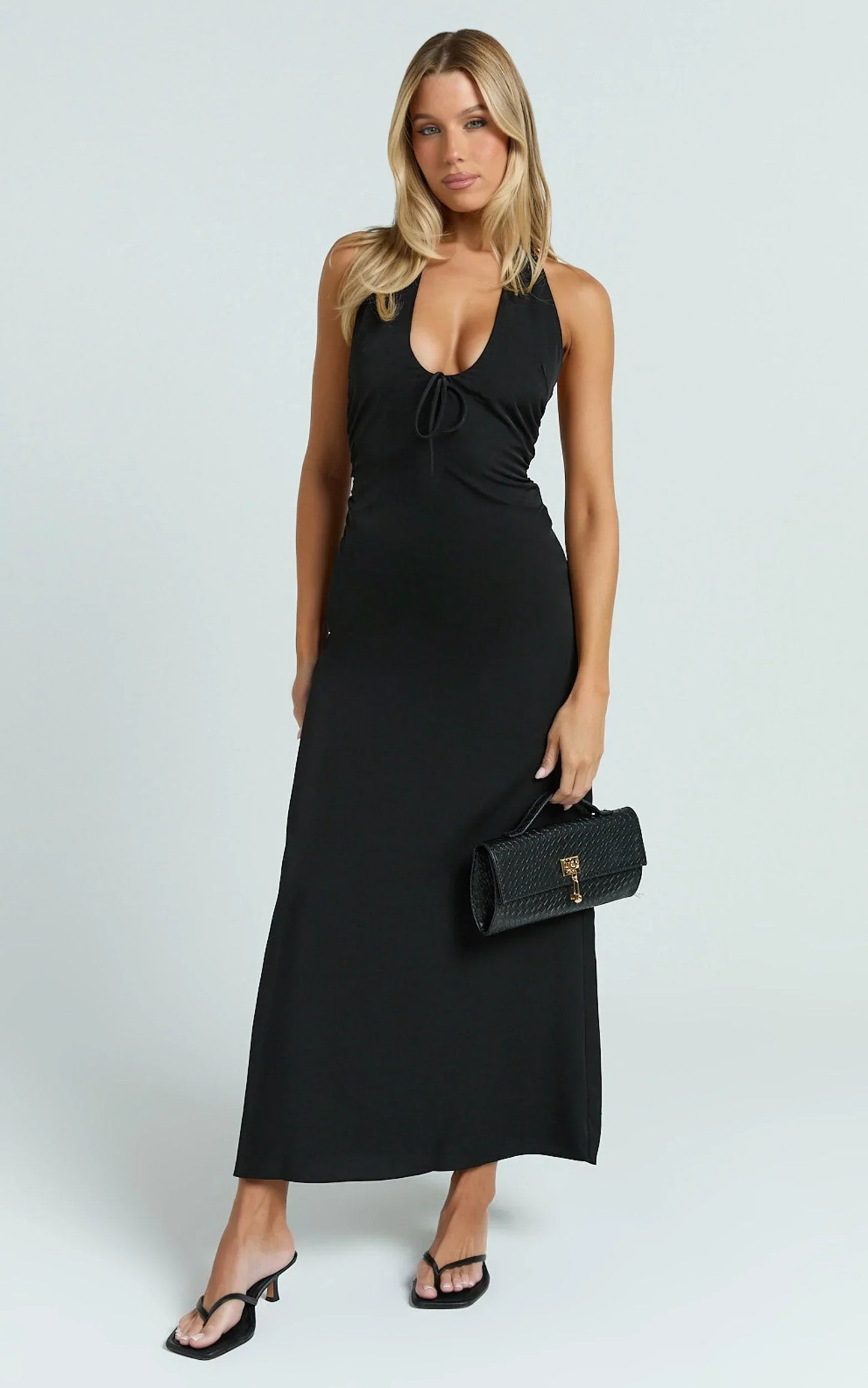 Lorvie Maxi Dress - Halter Plunge A Line Dress in Black