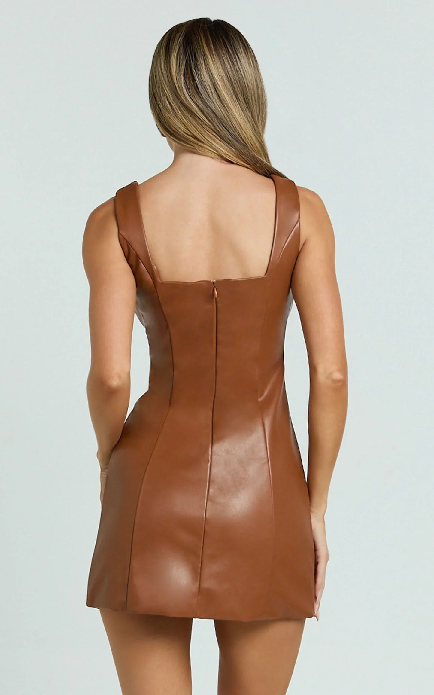 Nami Mini Dress - Faux Leather Square Neck Gold Button Dress in Camel