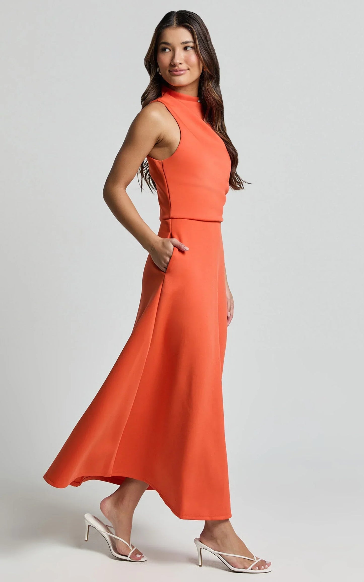 Macy Midi Dress - High Neck A Line Dress in Orange