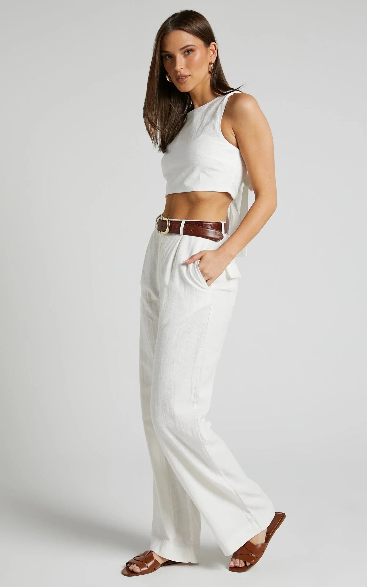 Larissa Trousers - Linen Mid Waisted Relaxed Straight Leg Trousers in White