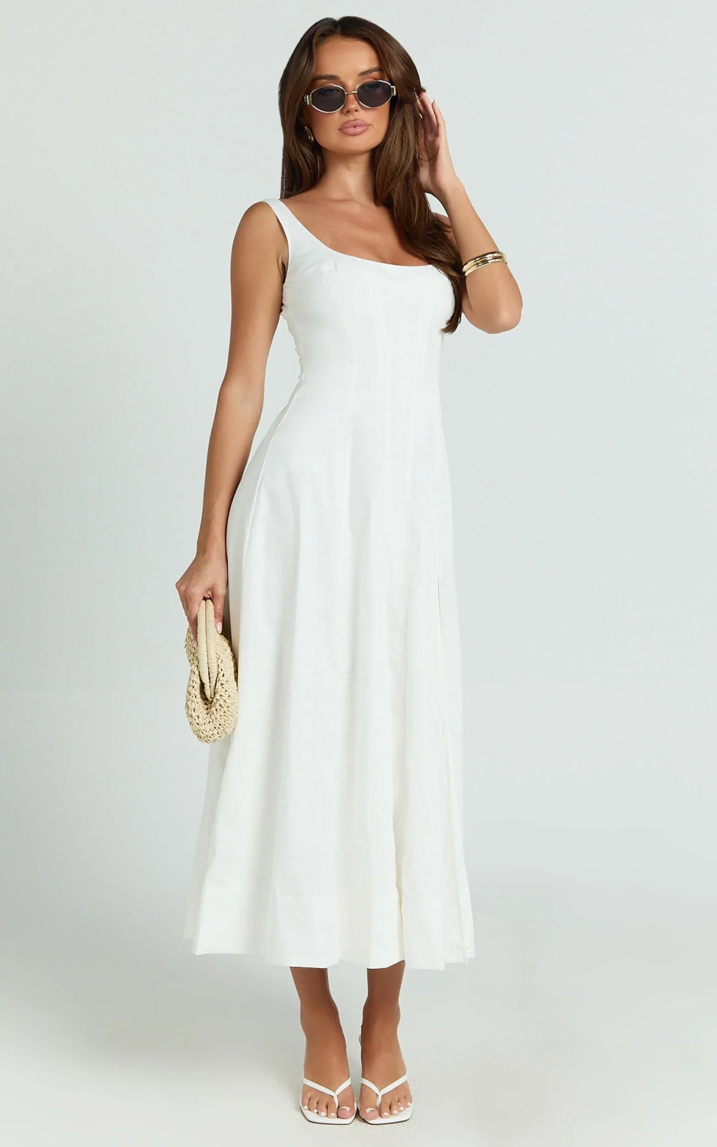 Kristi Midi Dress - Scoop Neck Fit And Flare Dress in Off White
