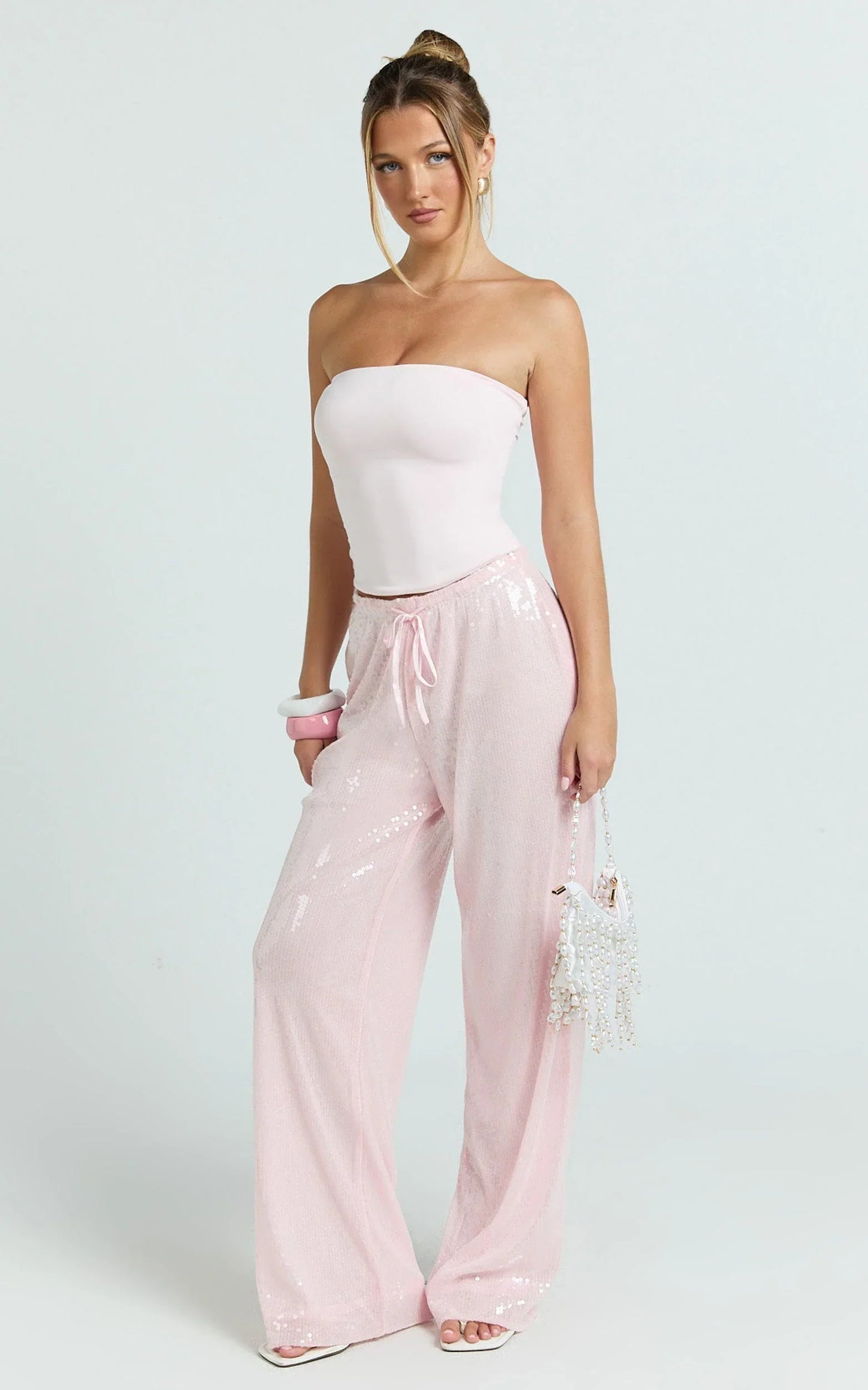 Mia Pants - Relaxed Drawstring Waist Sequin Pants in Baby Pink