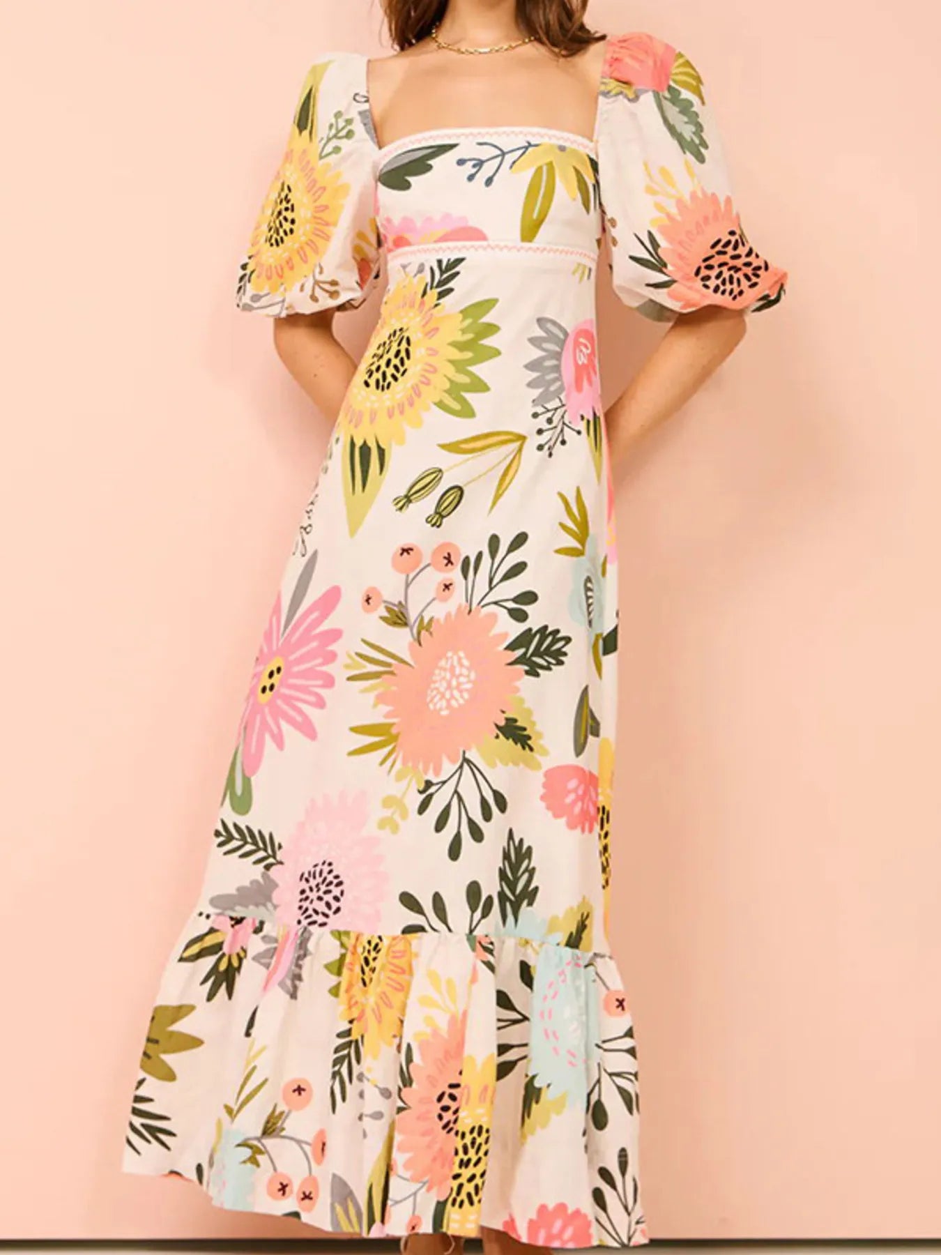Floral Square Neck Puff Sleeve Maxi Dress with Ruffle Hem