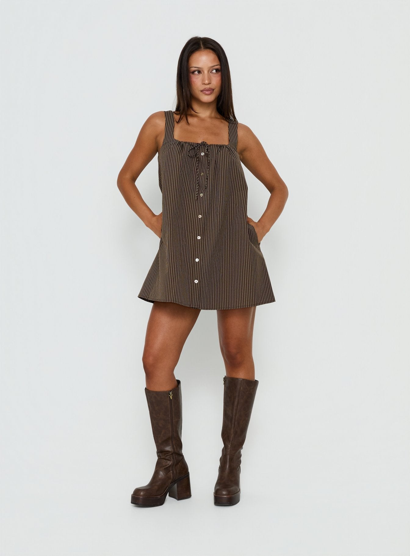 Bambalina Babydoll Mini Dress Brown Stripe