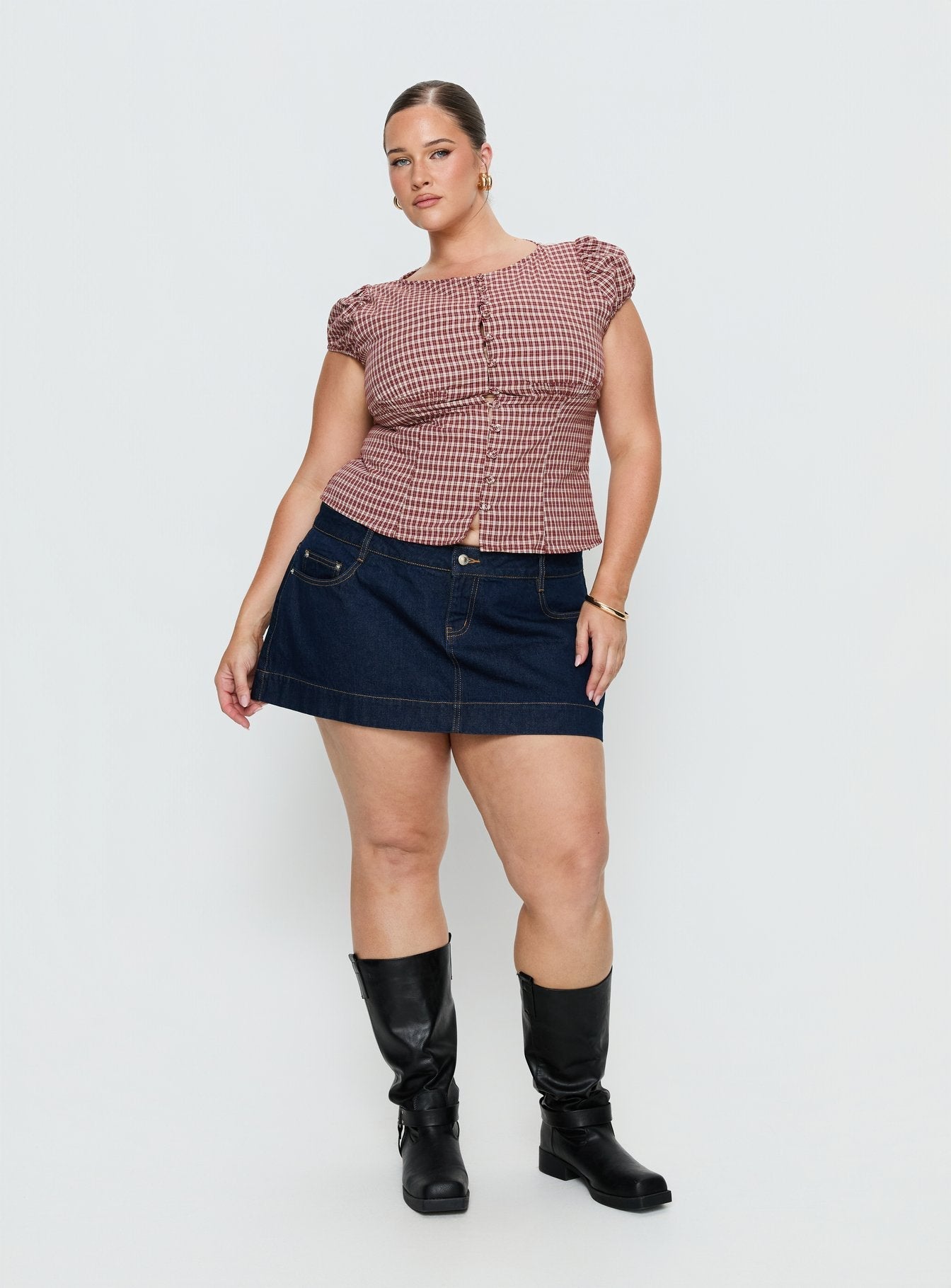 Alixandra Puff Sleeve Blouse Top Red Check Curve