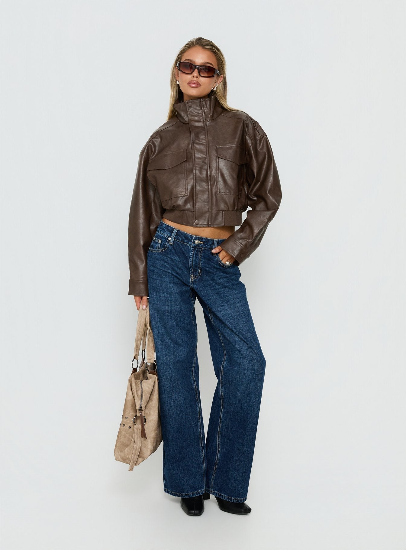 Ace Player Funnel Neck Faux Leather Jacket Brown