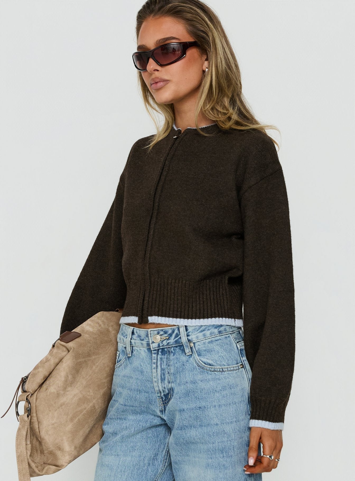 Amandi Zip Through Knit Jumper Chocolate / Blue