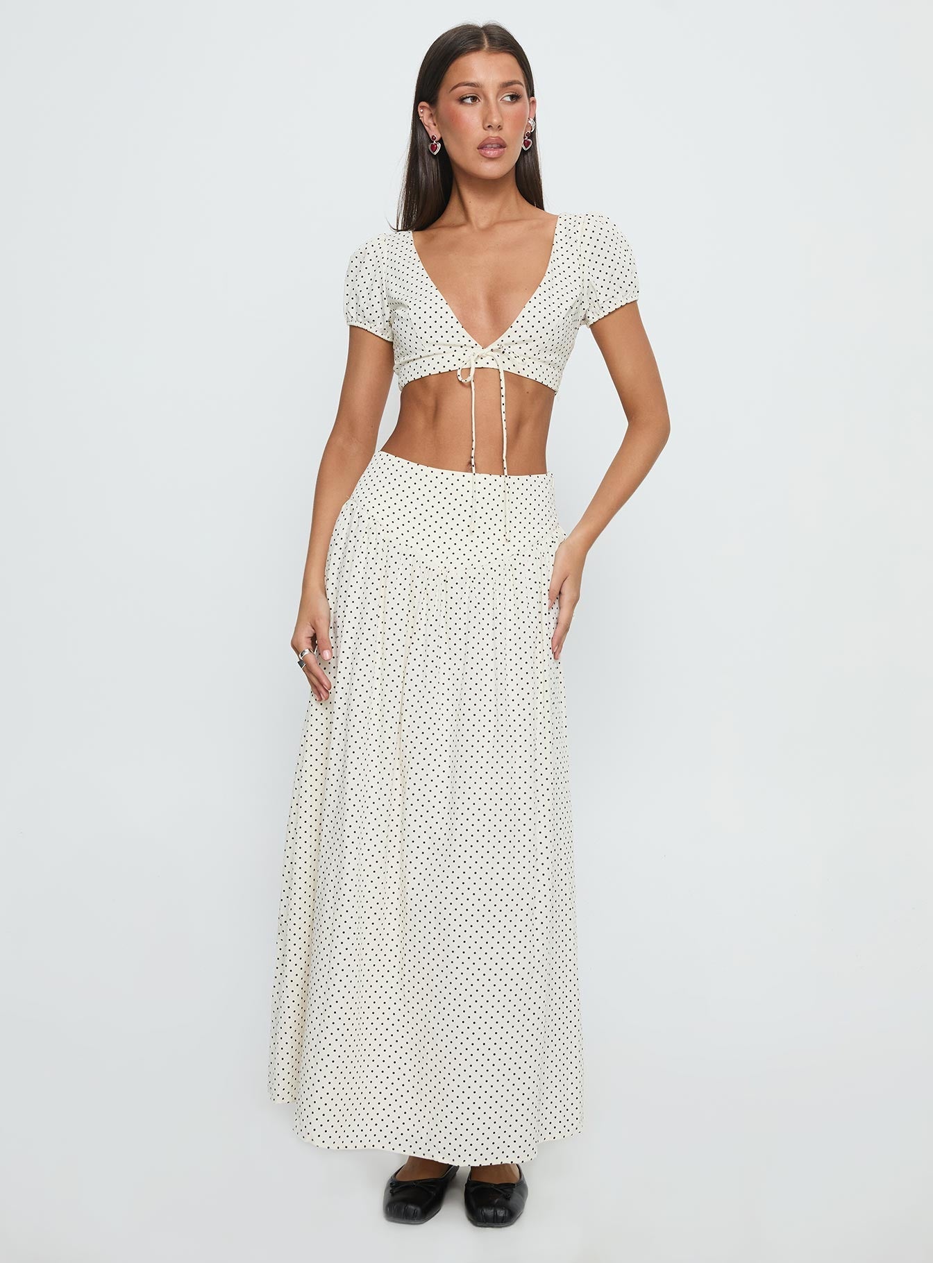 Alletta Drop Waist Maxi Skirt Cream Polka Dot