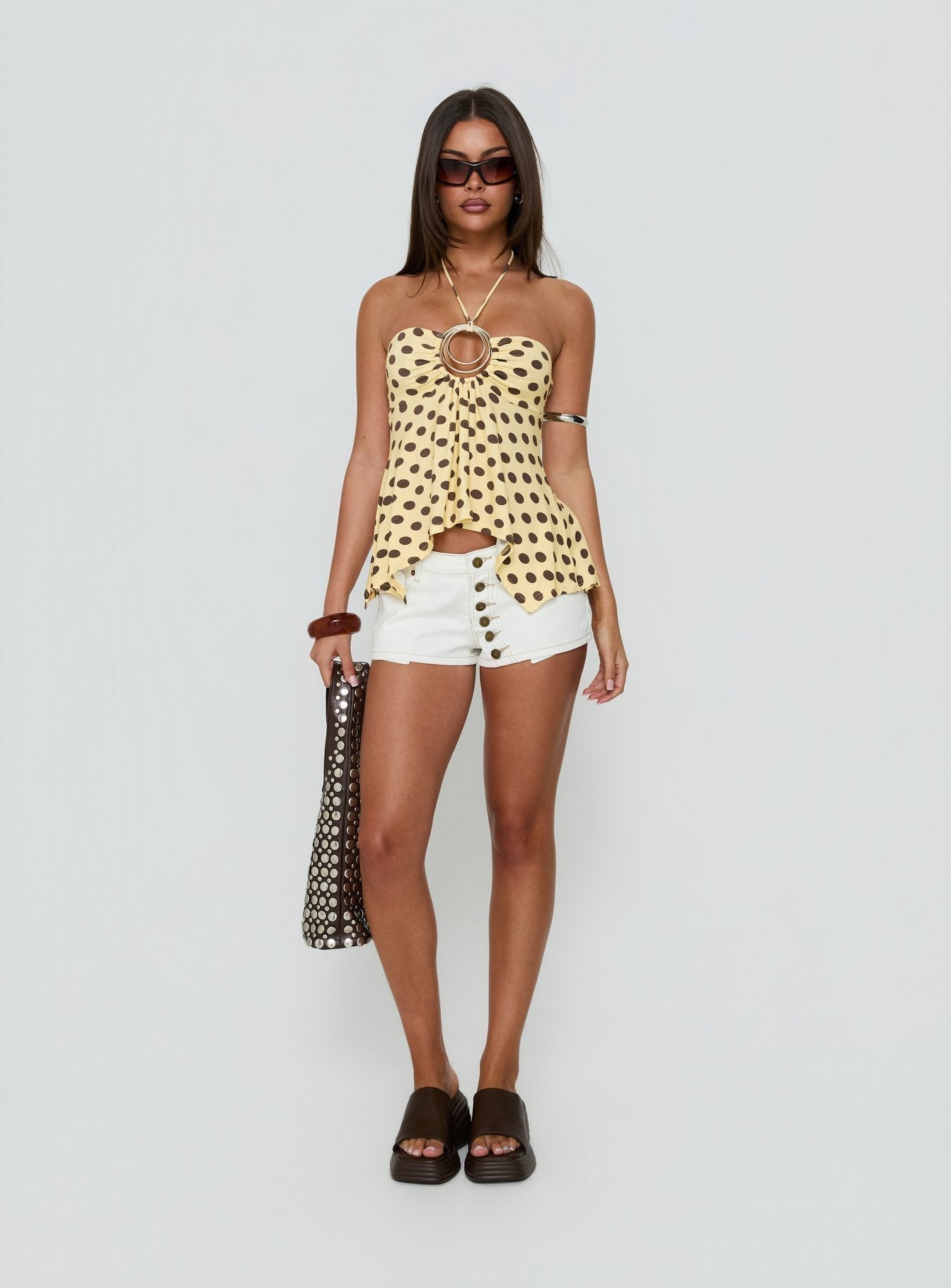 Betsey Ring Detail Tie Neck Top Yellow Polka Dot