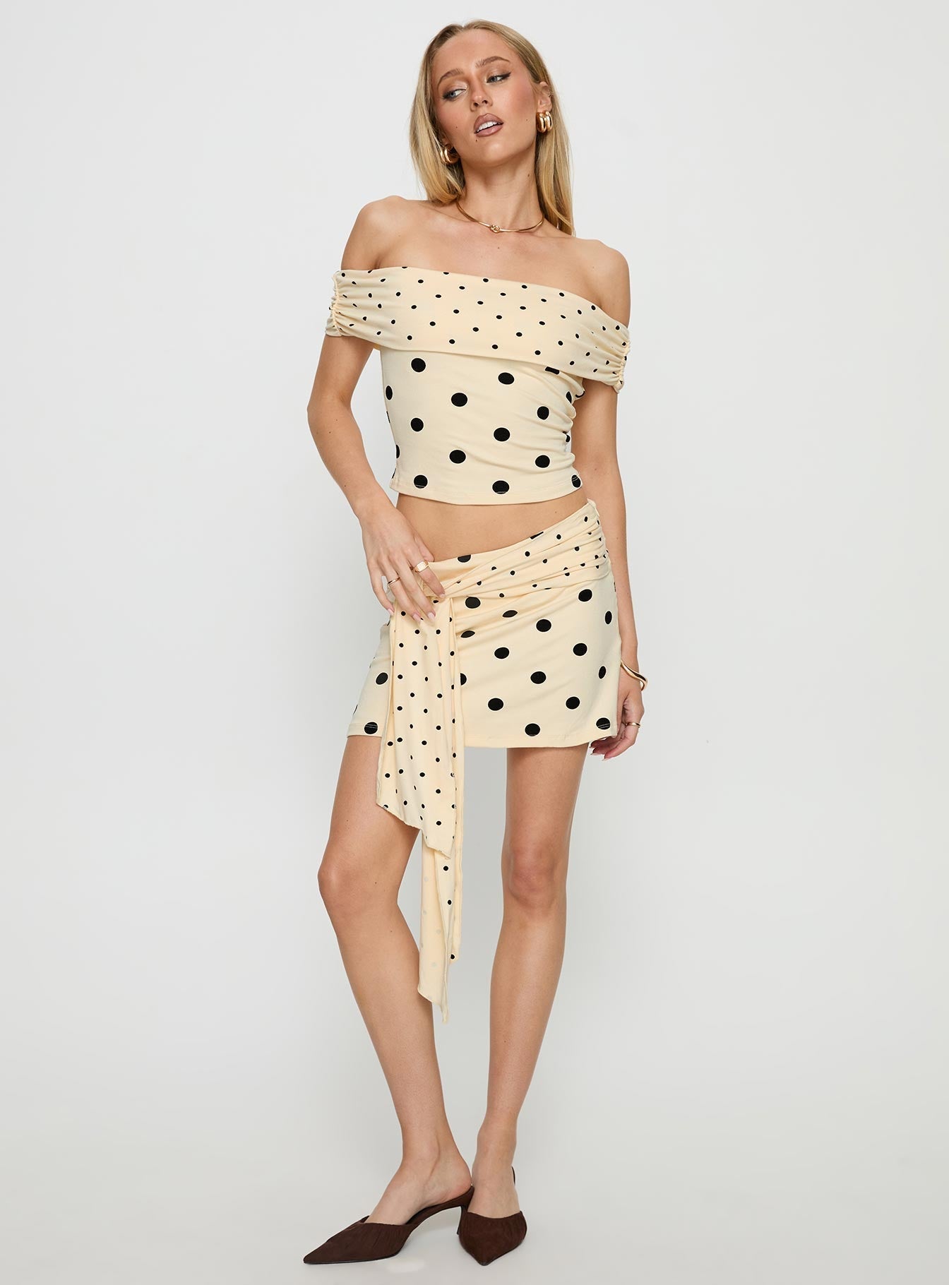 Aneira Off Shoulder Top Cream Polka Dot
