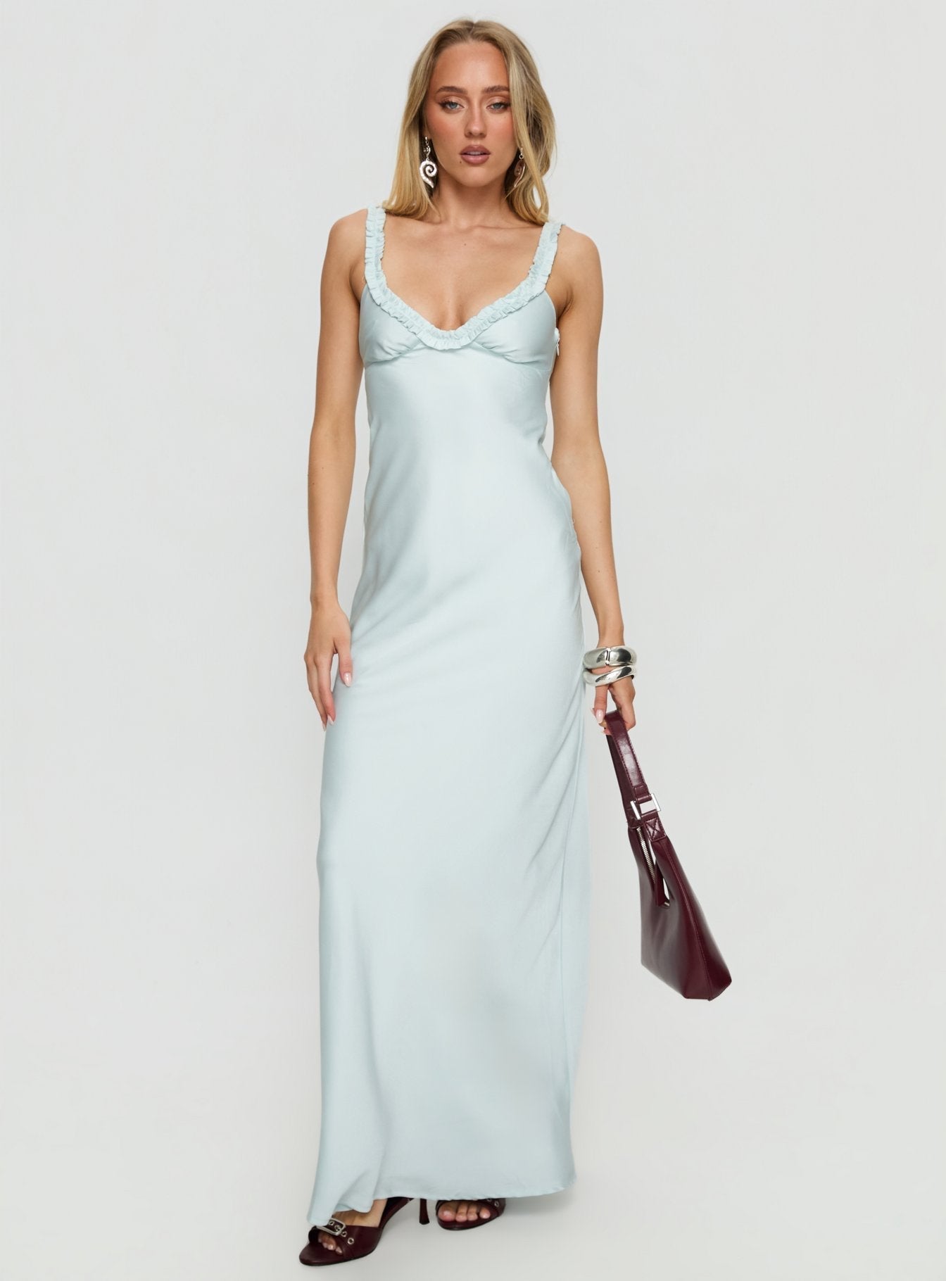 Baley Bias Cut Frill Maxi Dress Blue