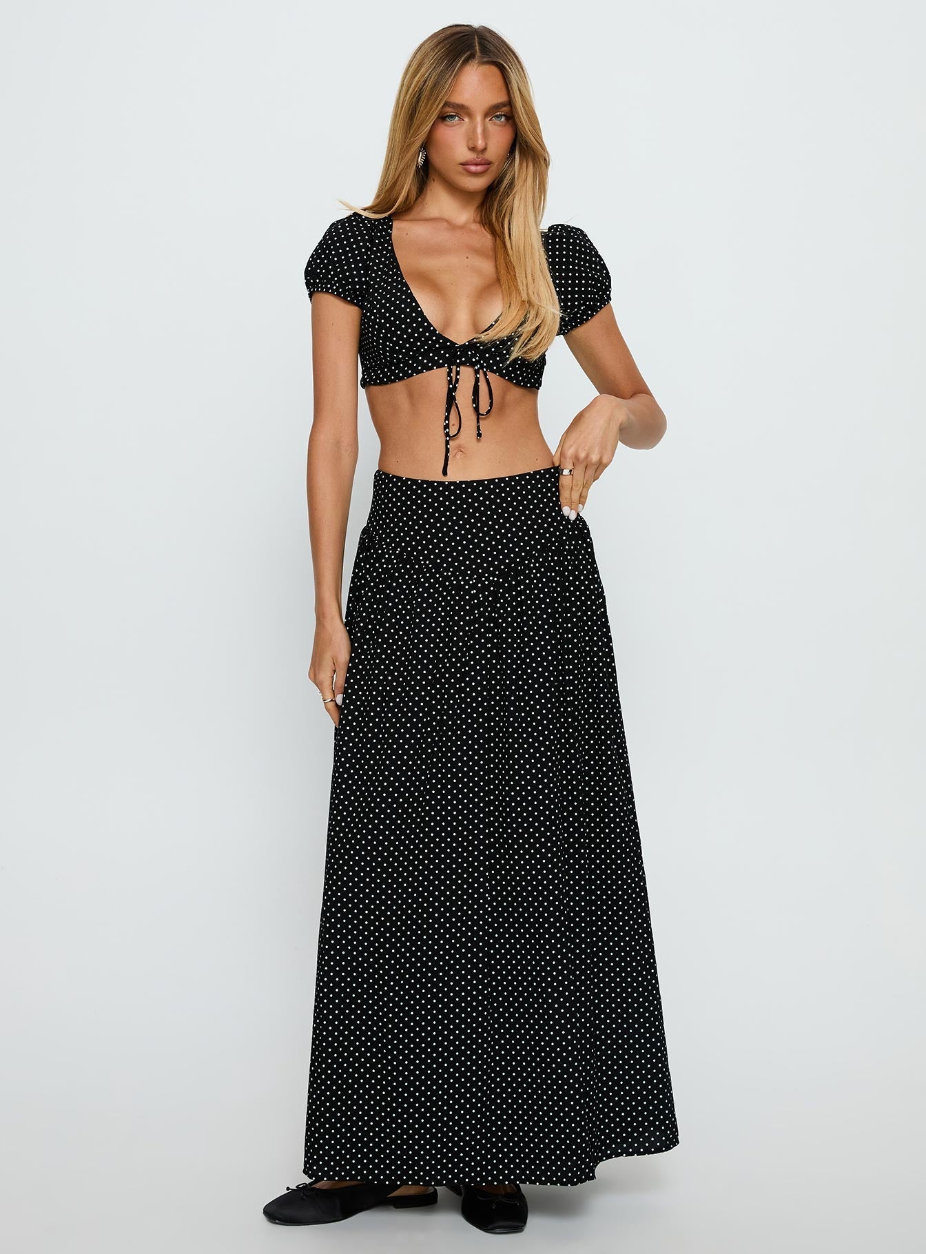 Alletta Tie Up Micro Crop Top Black Polka