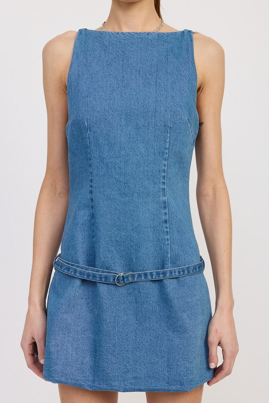 DENIM MINI DRESS WITH LOW WAIST BELT