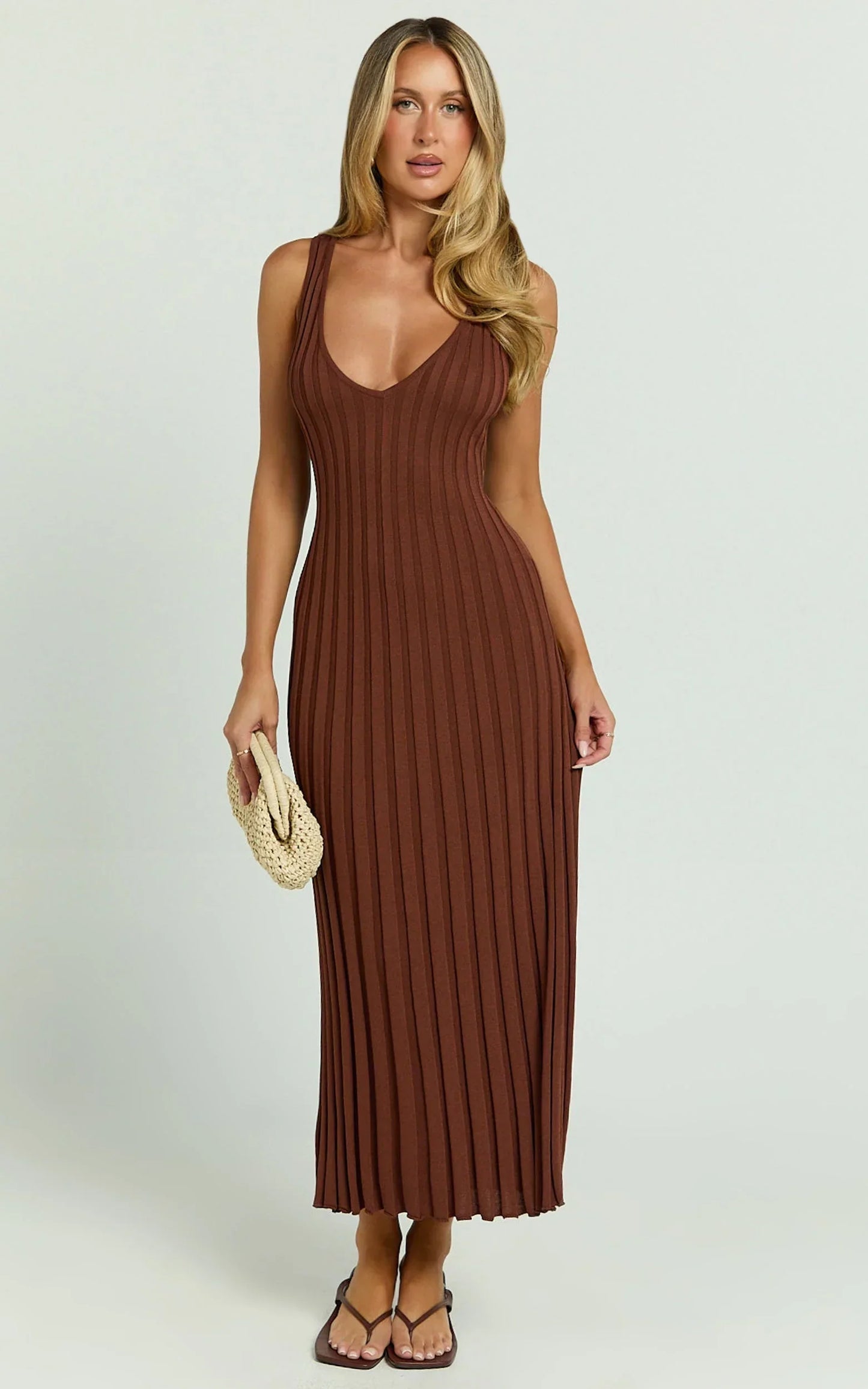 Maya Midi Knit Dress - Sleeveless V Neck Knited Dress in Dark Chocolate