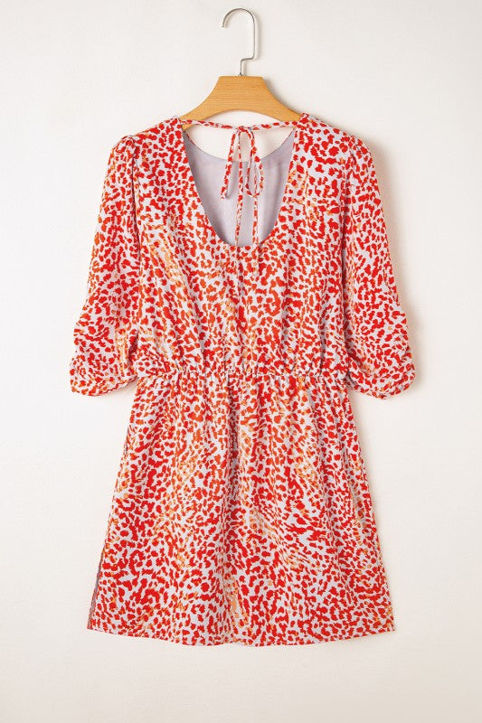 Red Leopard Print Long Sleeve Hollowed Back Dress