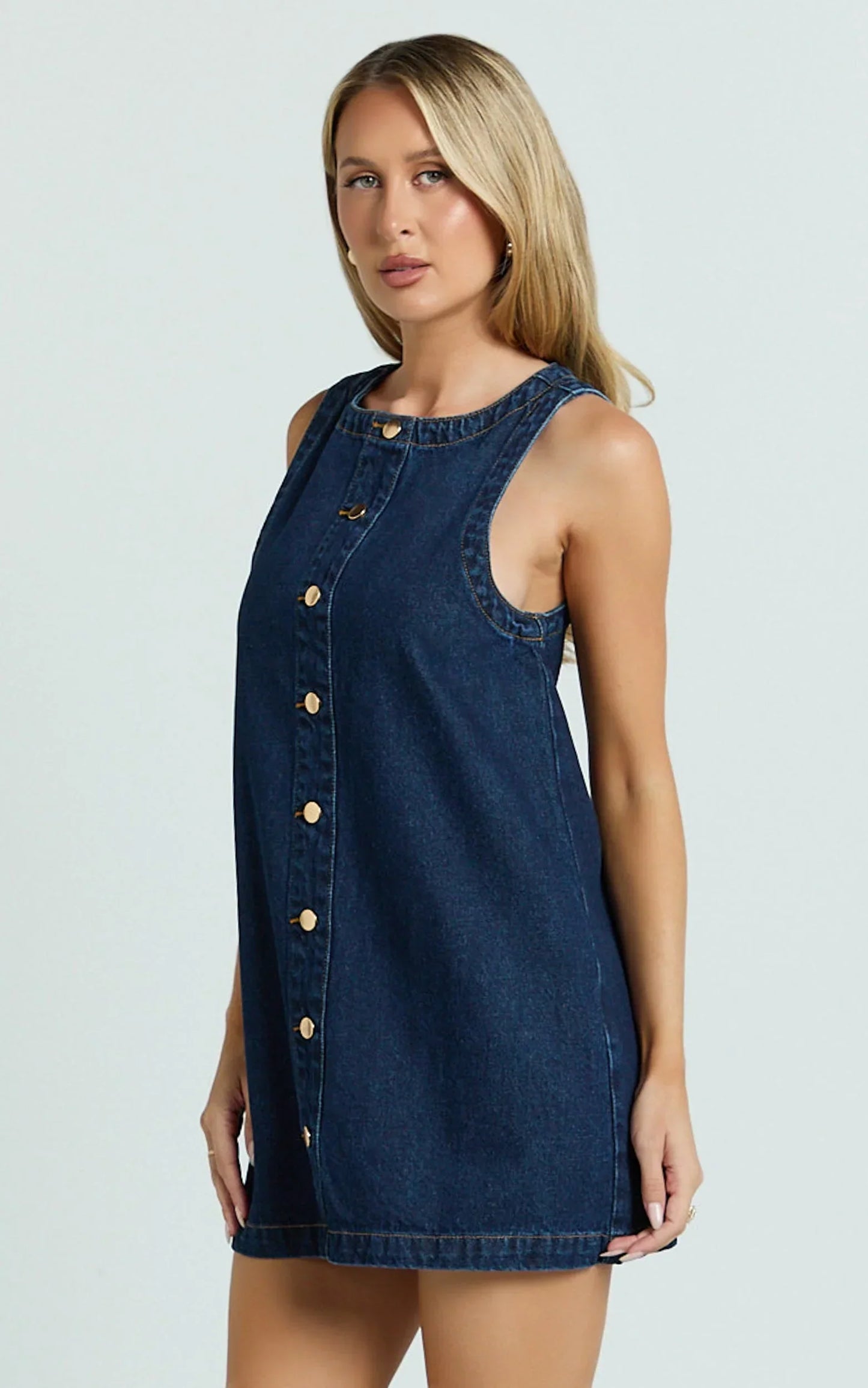 Leia Mini Dress - High Neck Mock Button Down Mini Dress in Dark Blue Wash