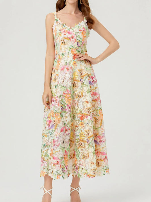 Floral Lace Sleeveless V-Neck Midi Dress