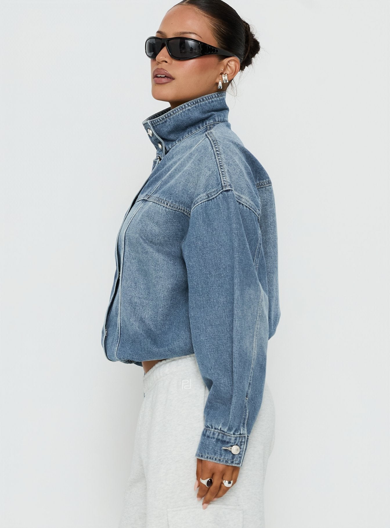 Alfea Funnel Neck Denim Bomber Jacket Mid Blue Wash