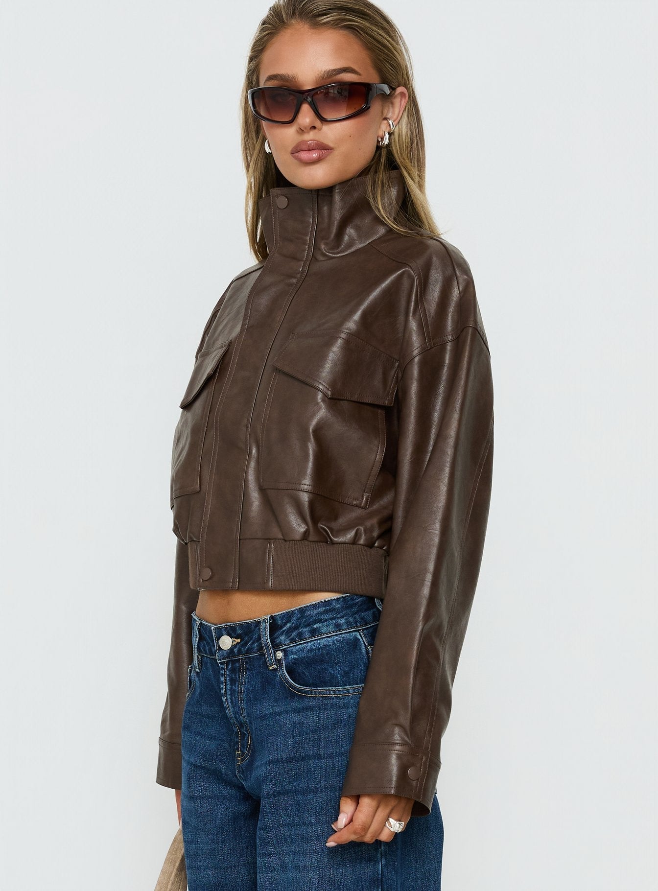 Ace Player Funnel Neck Faux Leather Jacket Brown