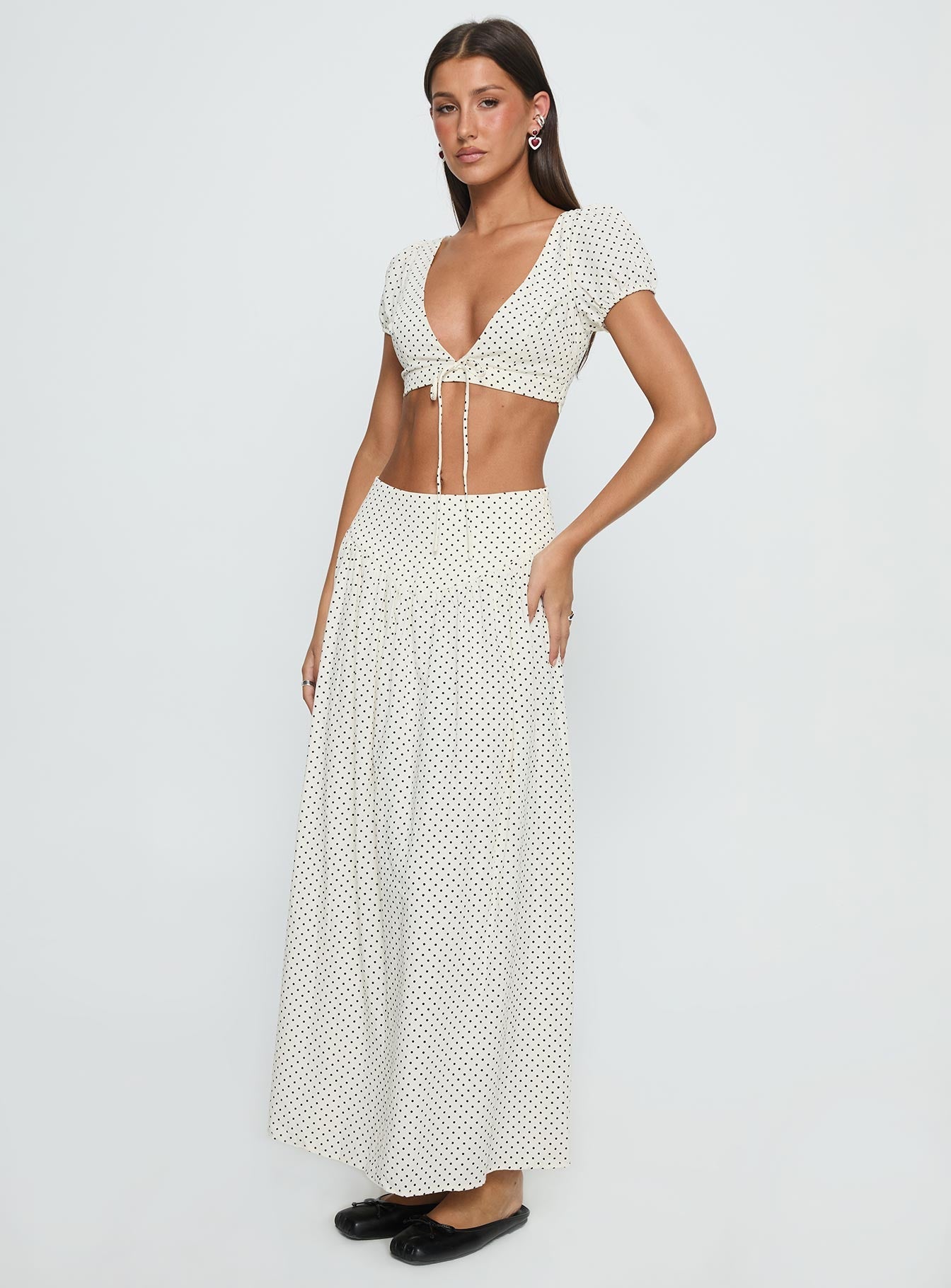 Alletta Drop Waist Maxi Skirt Cream Polka Dot
