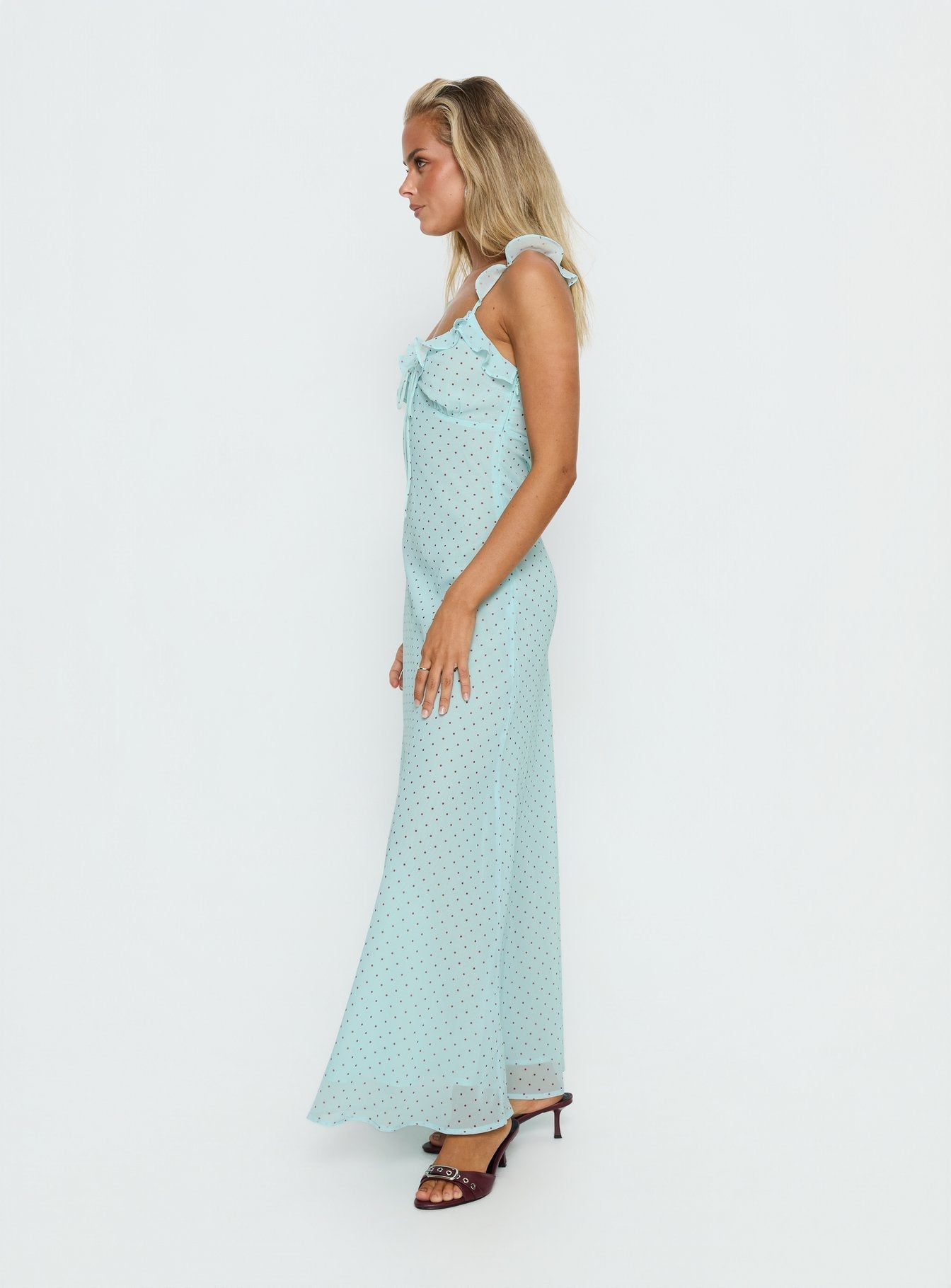 Aryelle Chiffon Frill Maxi Dress Blue Polka Dot