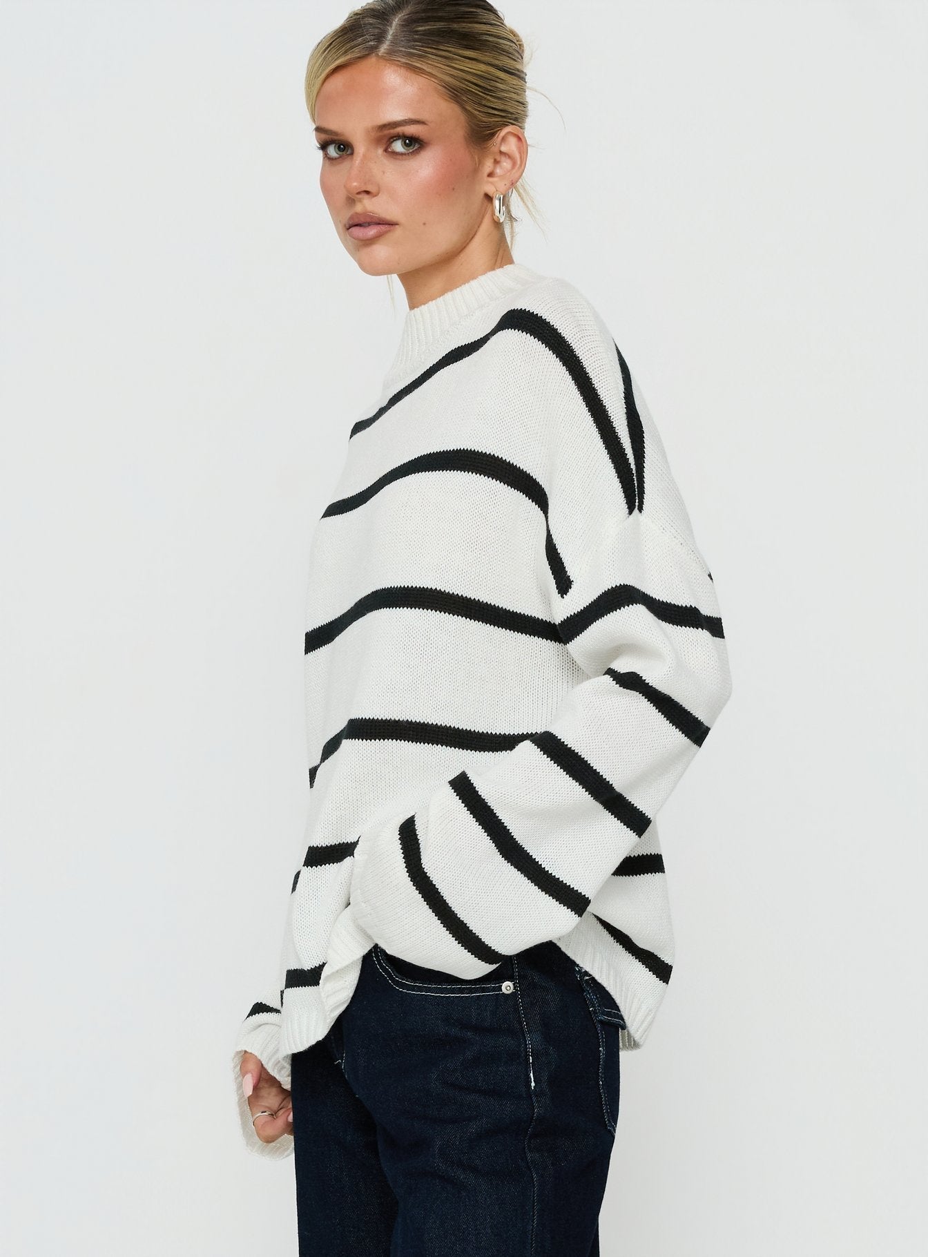 Alara Mock Neck Knit Sweater White Stripe