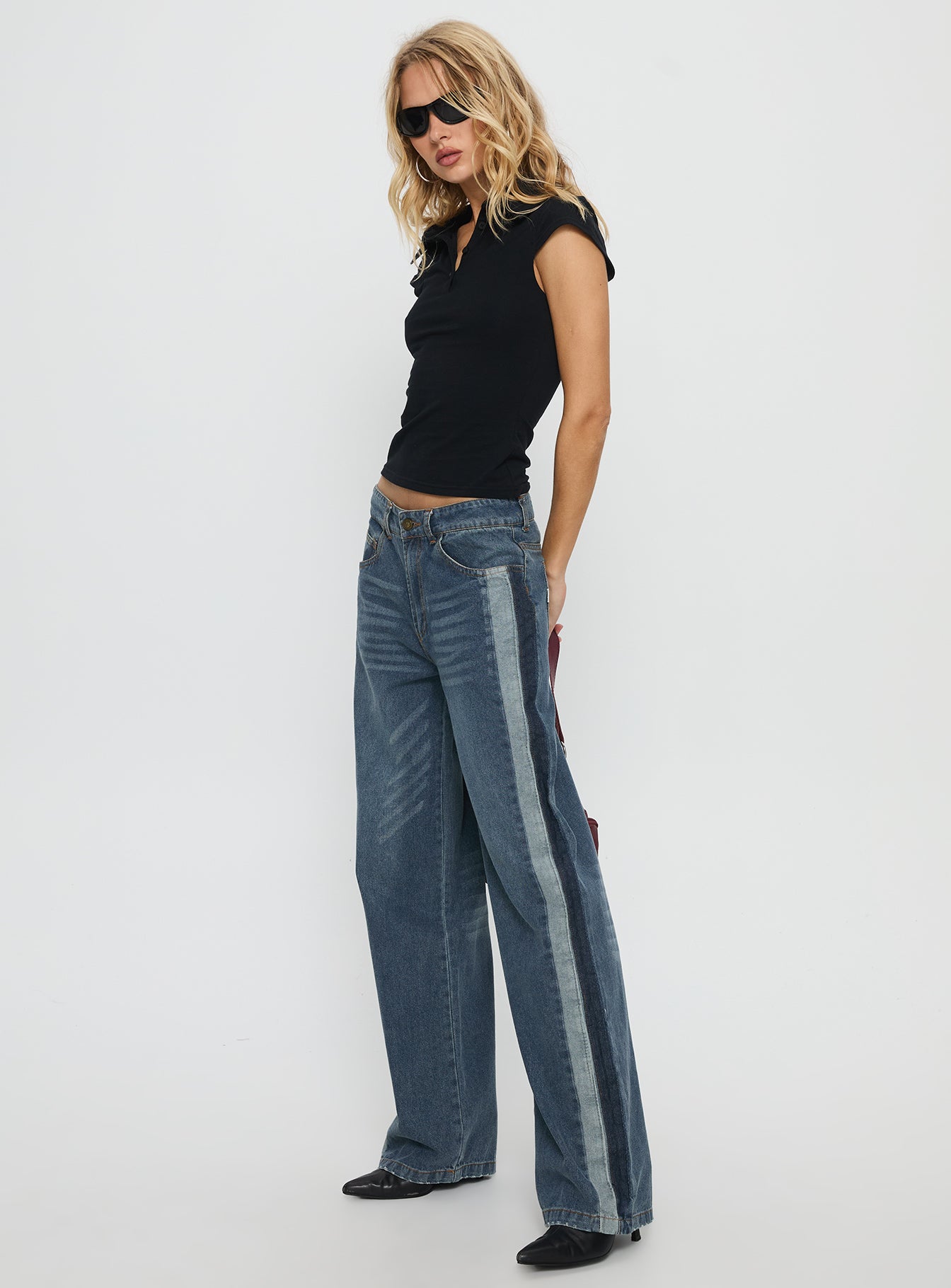 Born Again Mid Rise Straight Leg Contrast Detail Jeans Dark Blue