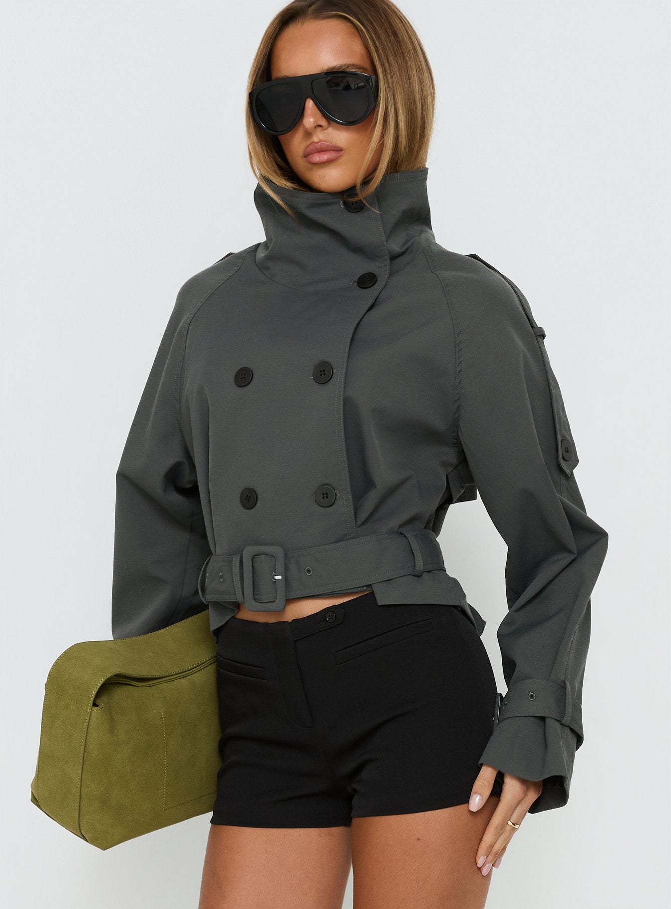 Blanc Cropped Trench Coat Olive