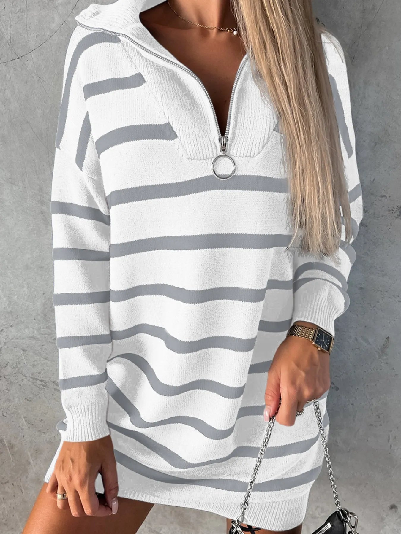 Striped O-ring Zip Collared Loose Sweater Mini Dress