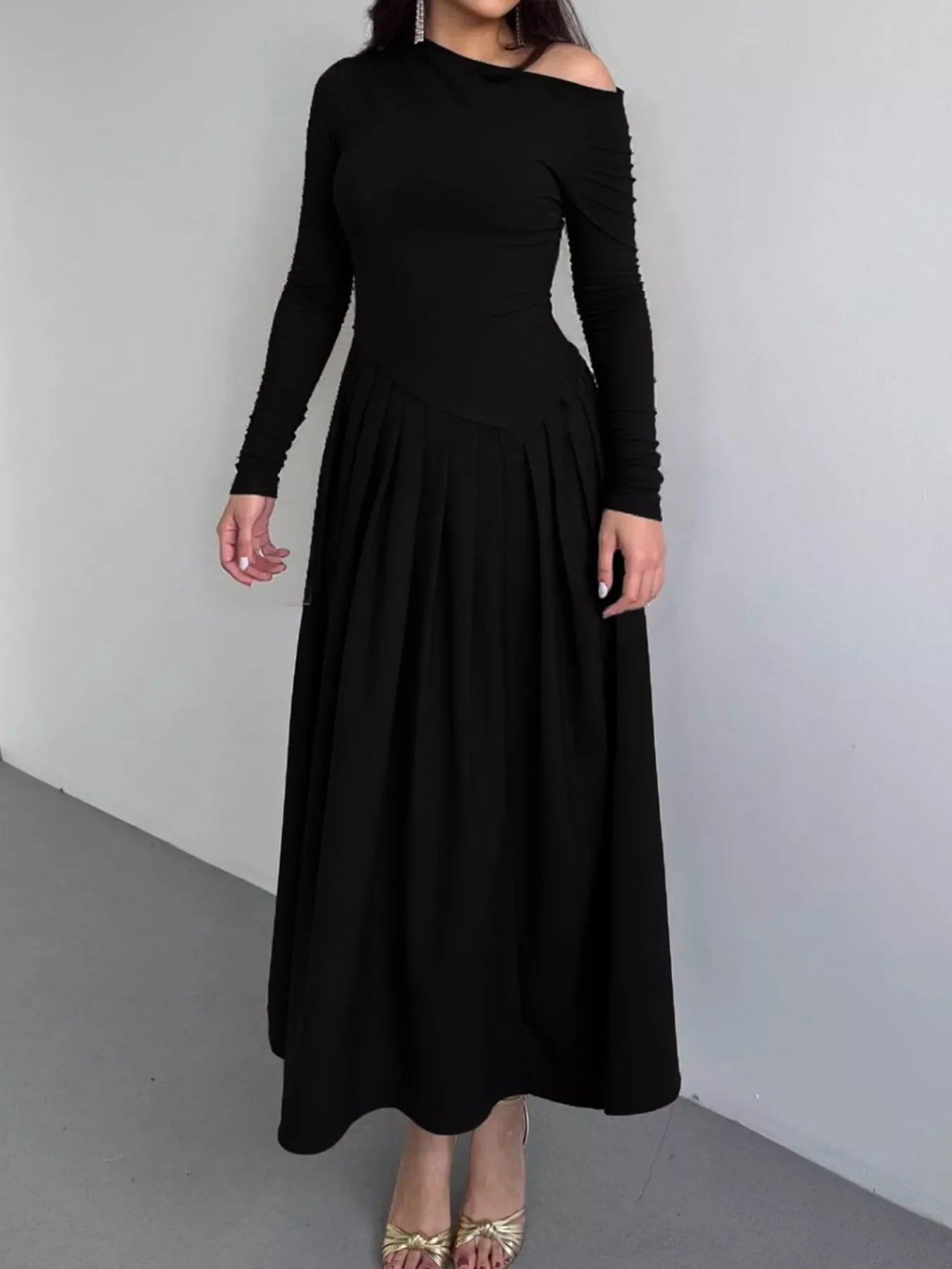 Ruched One Shoulder Long Sleeve Dress