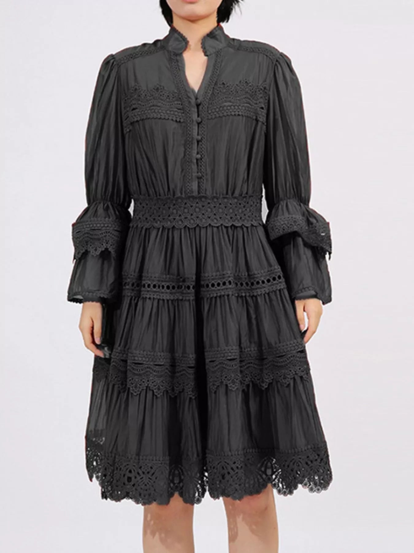 Ruffle Lace Trim Long Sleeve Dress