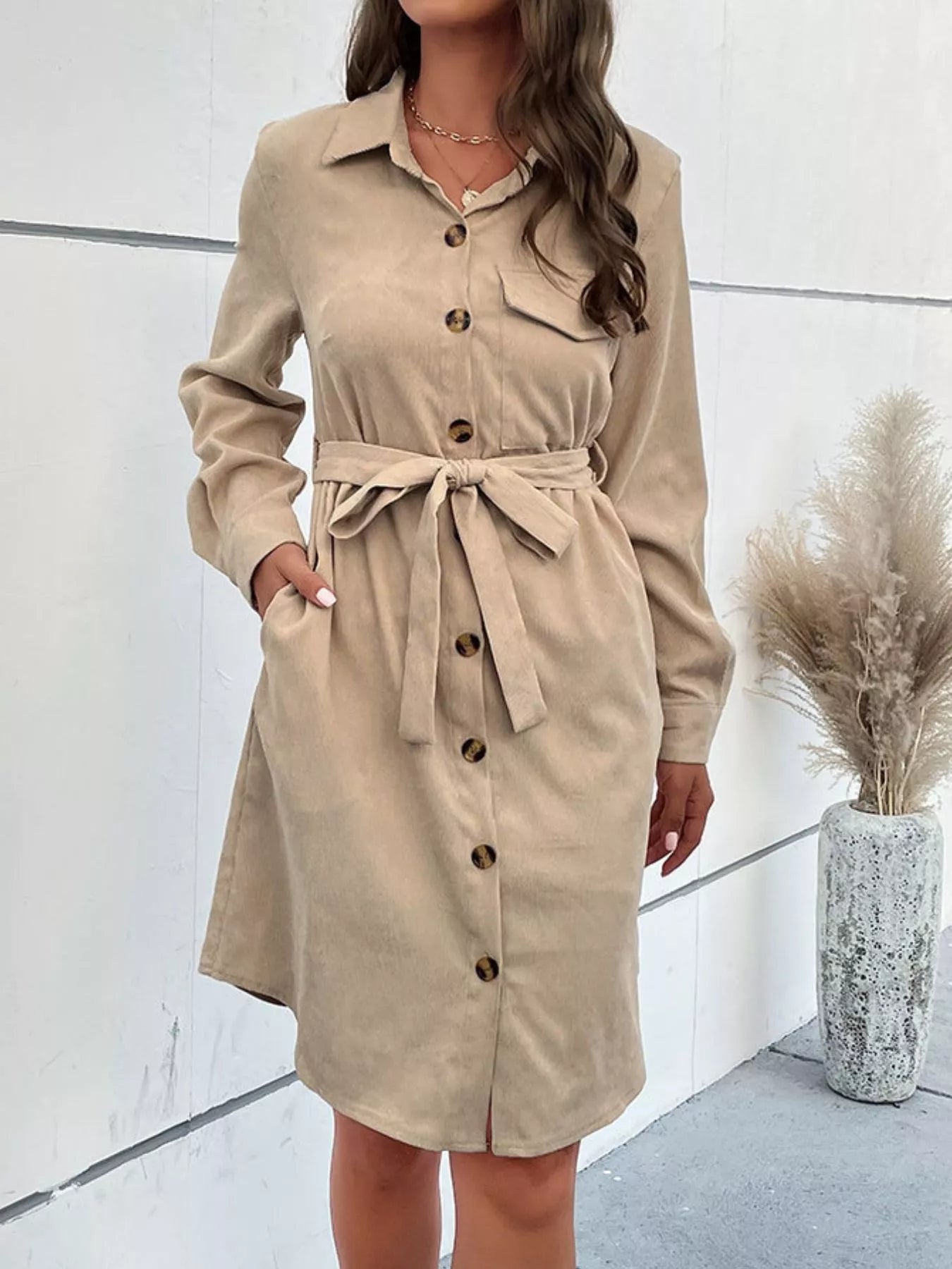 Button-Front Tie Waist Shirt Dress