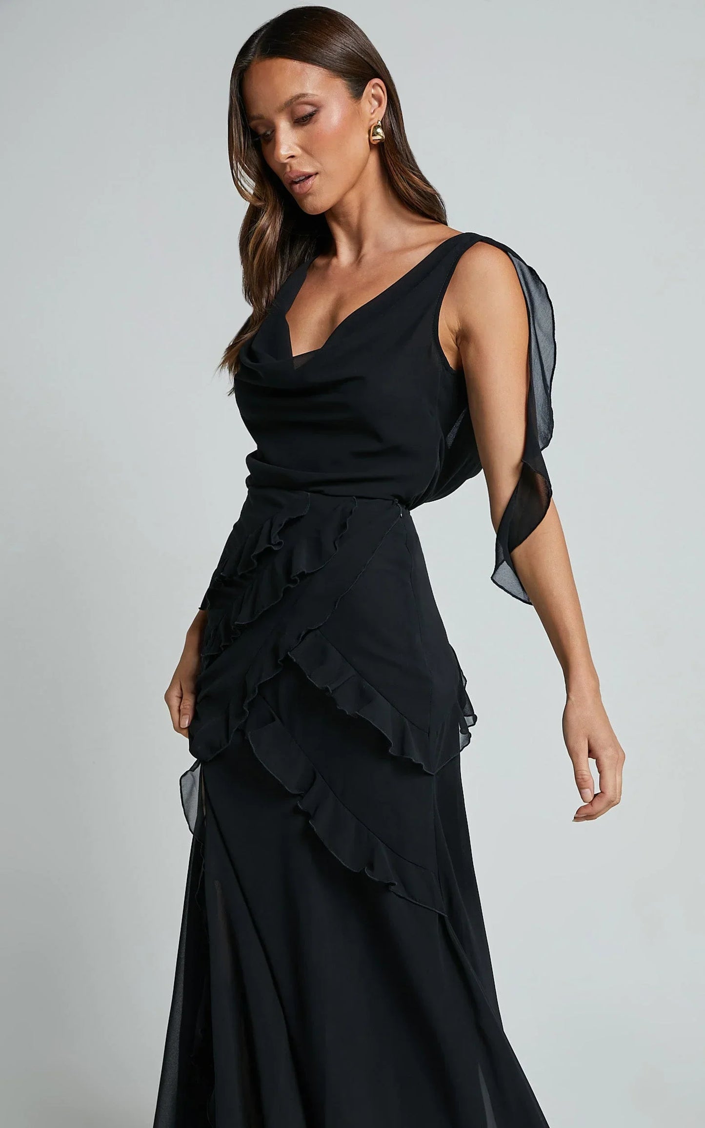 Lowen Maxi Skirt - High Waist Frill Thigh Split Skirt in Black
