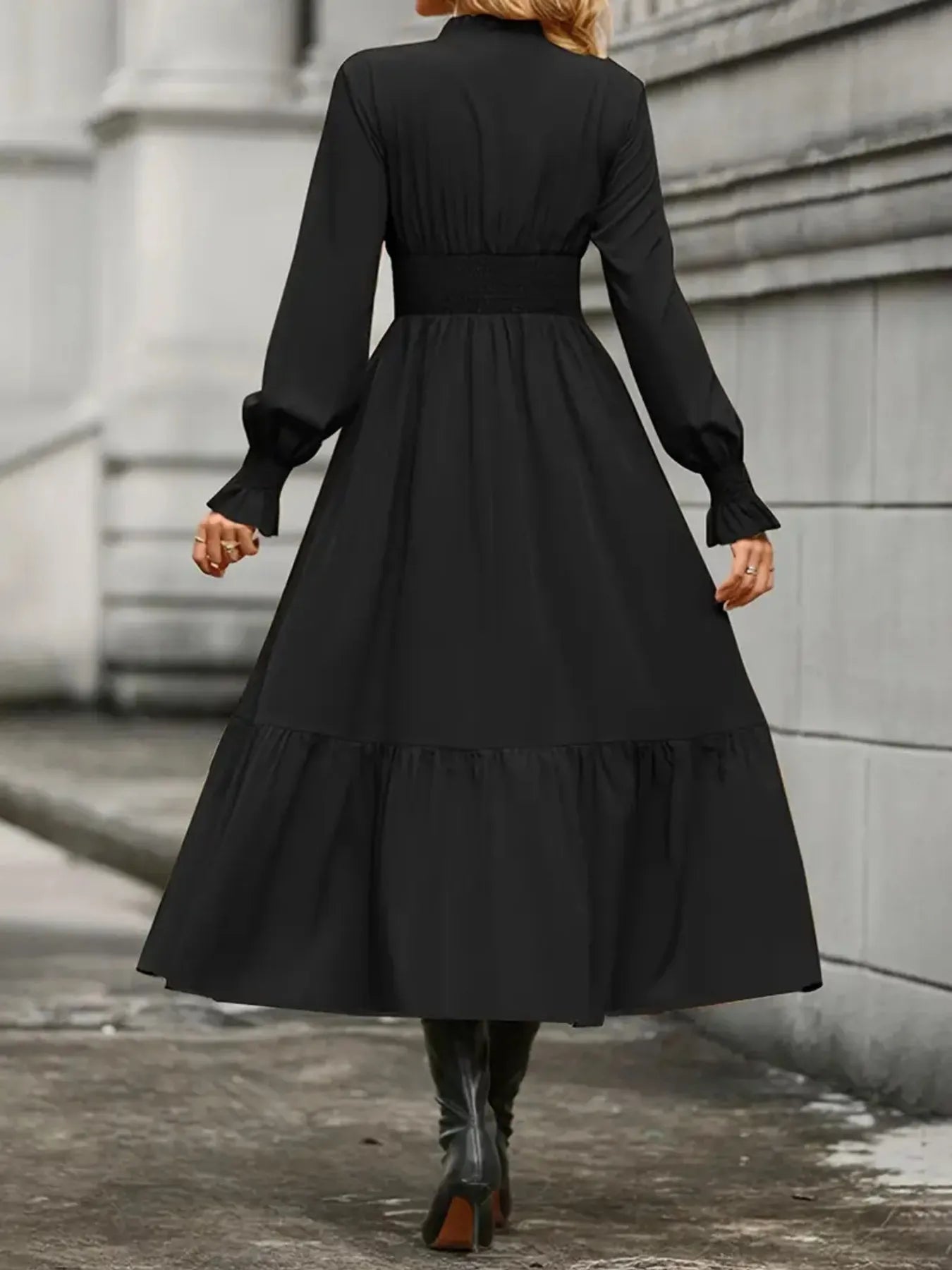 Notched Long Sleeve Tiered Dress