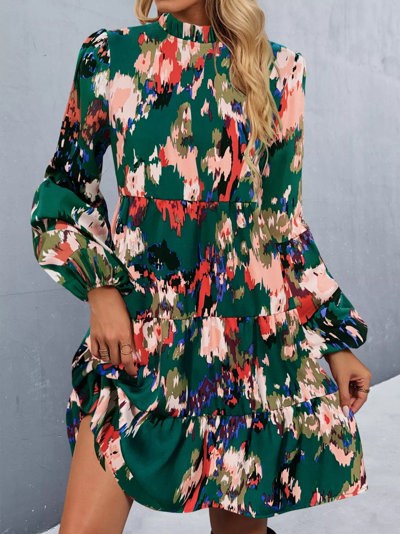 Printed Balloon Sleeve Mini Dress