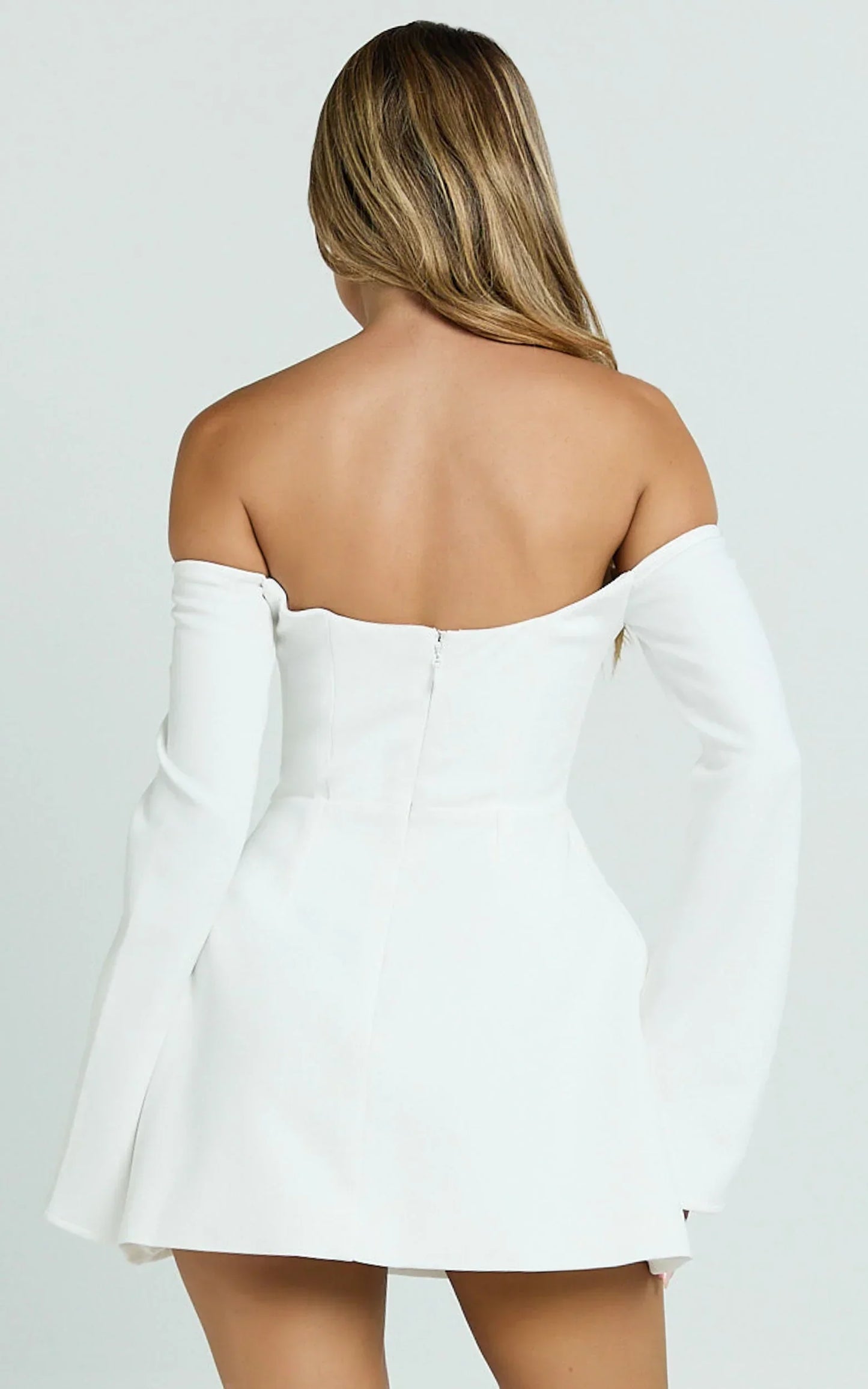 Nettie Mini Dress - Off Shoulder Longsleeve Fit and Flare Dress in White