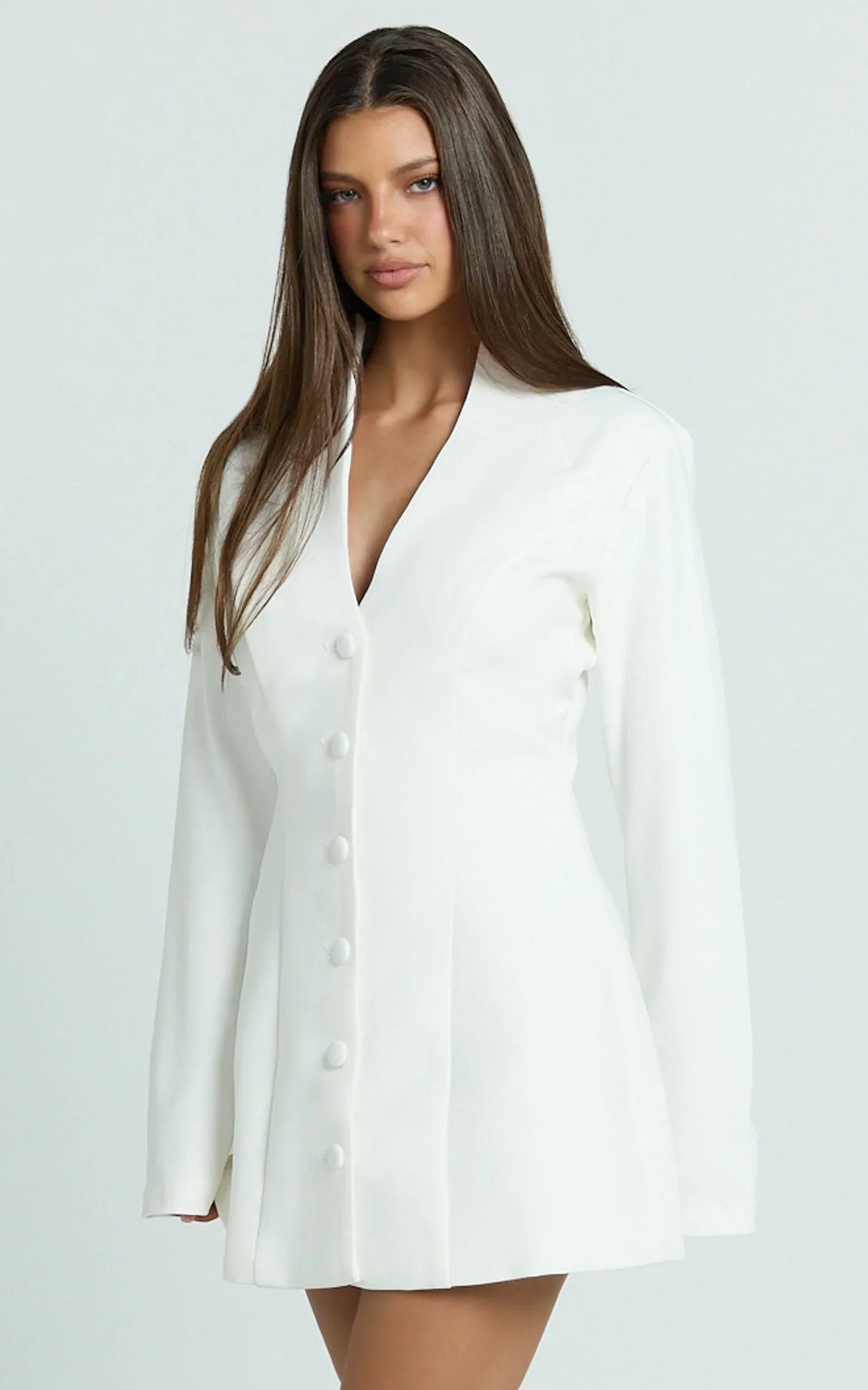 Layton Mini Dress - V Neck Long Sleeve Button Front Tulip Skirt Dress in White