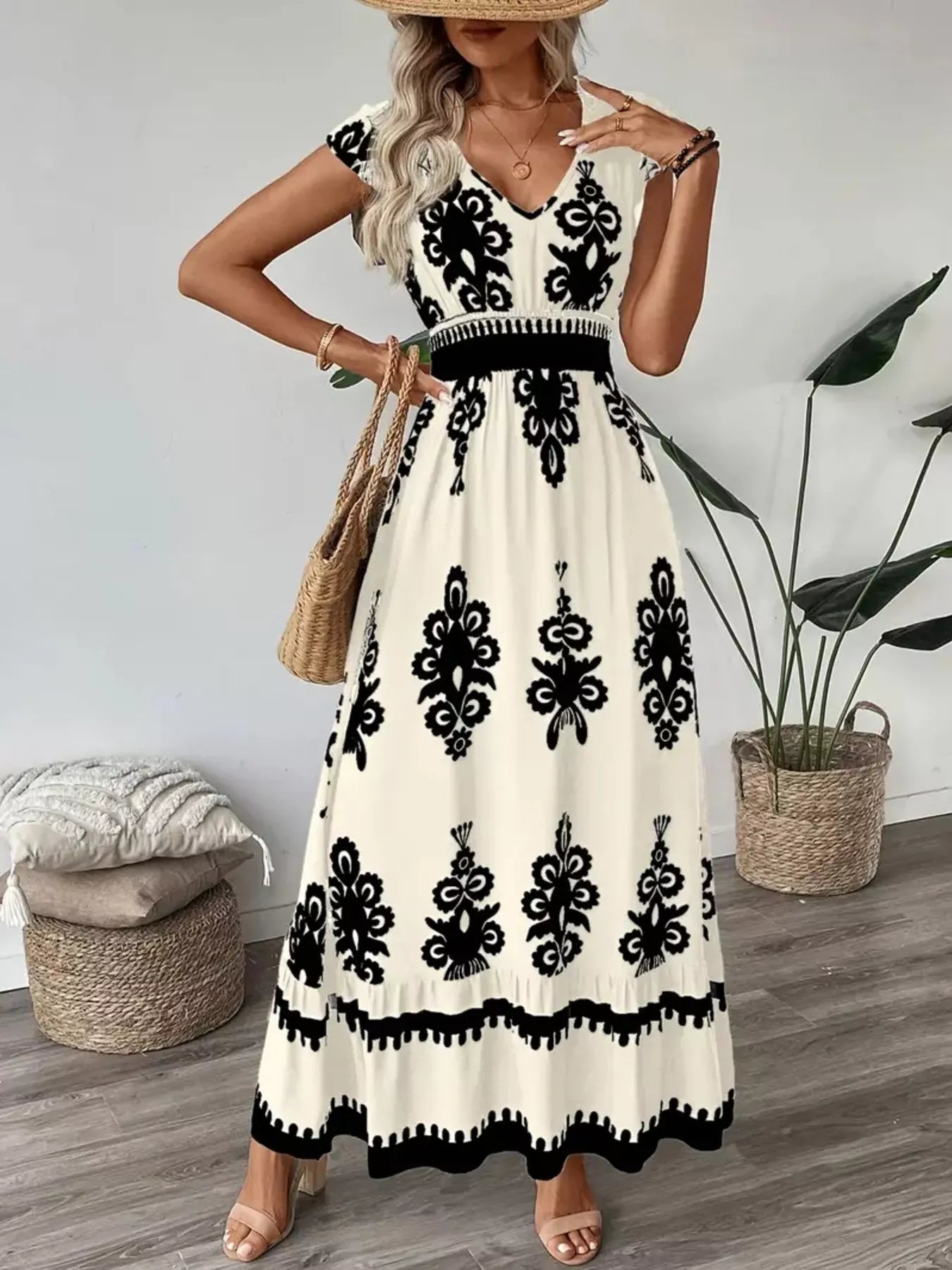 Printed V-Neck Ruffled Cap Sleeve Dress