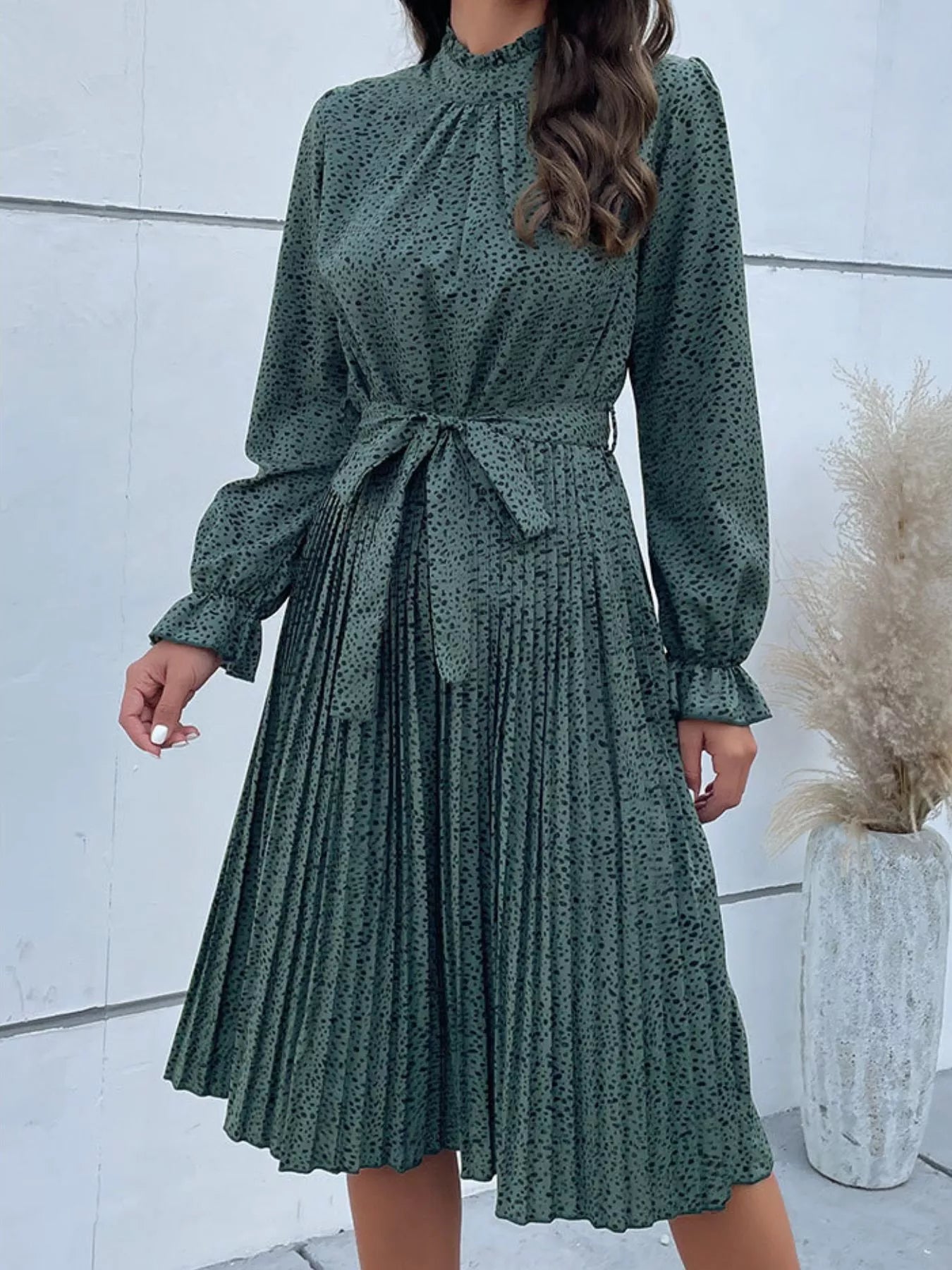 Animal Print Mock Neck Flounce Sleeve Dress