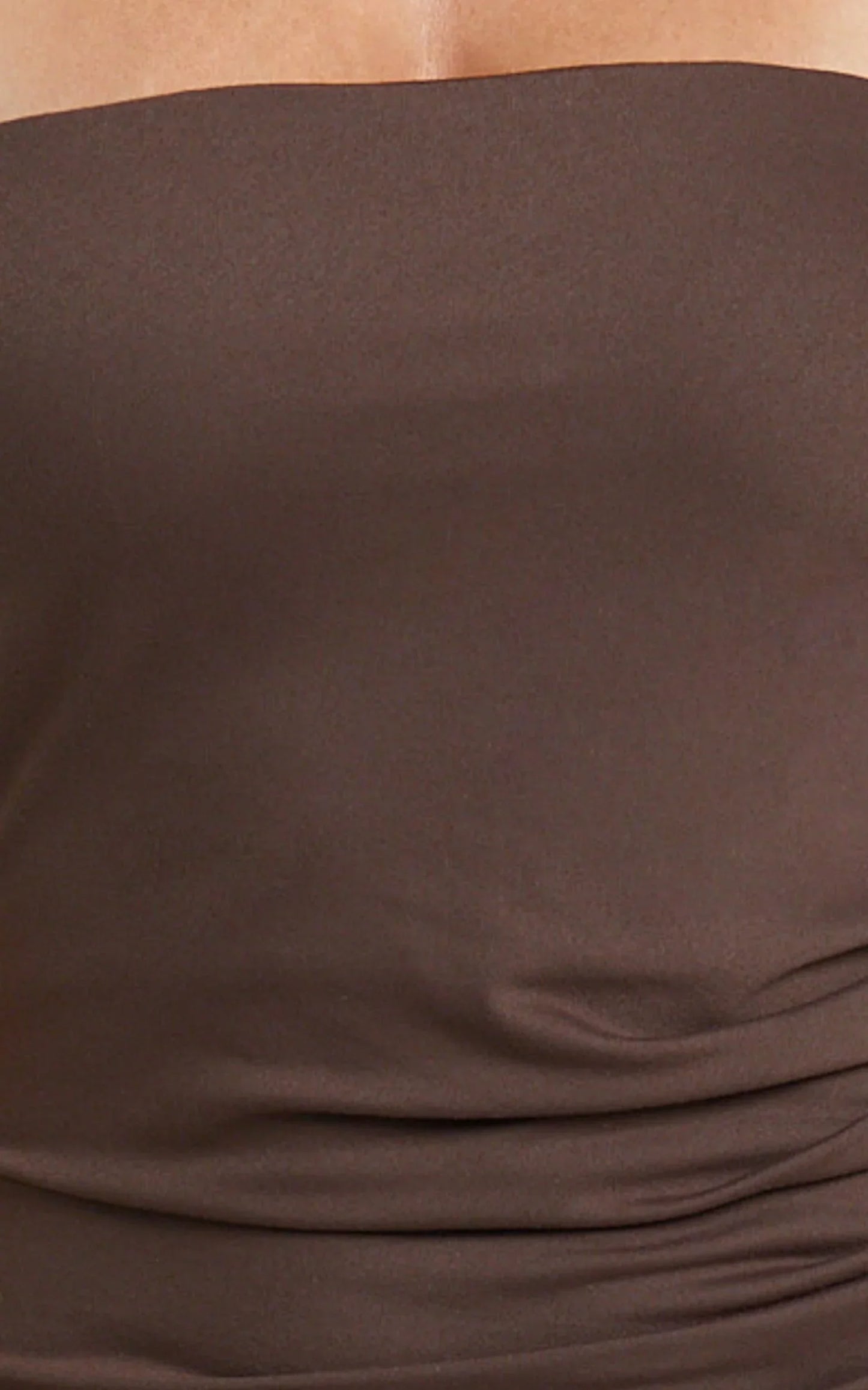 Natasha Midi Dress - Strapless Ruched Column Dress in Chocolate