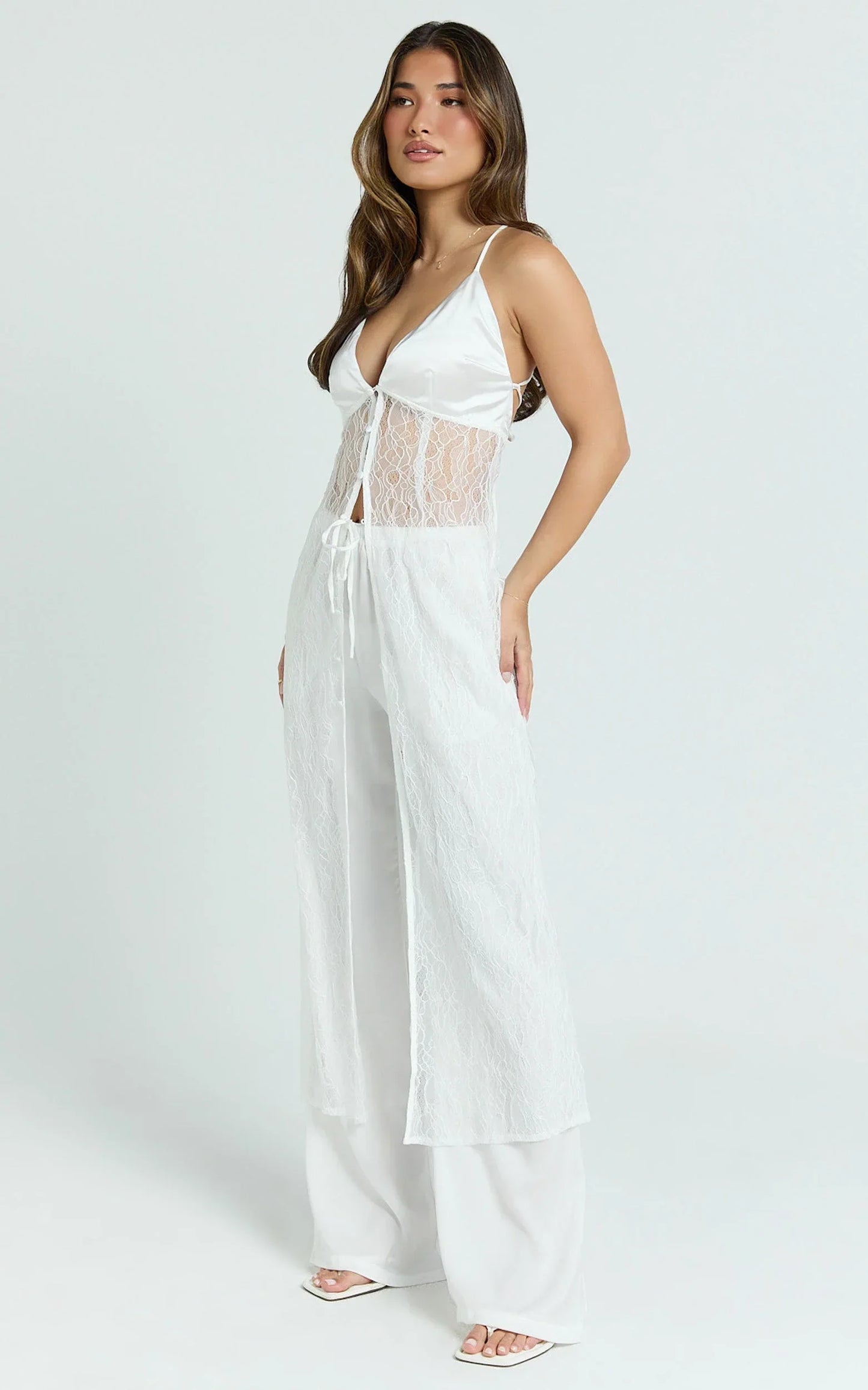Luna Top - Satin and Lace Tie Back Long Line Top in Ivory