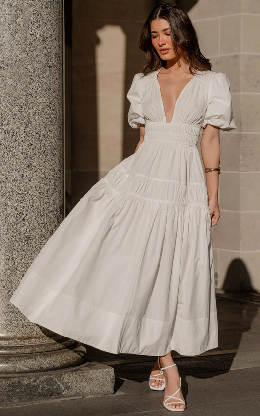 Mellie Midi Dress - Puff Sleeve Plunge Tiered Dress in White