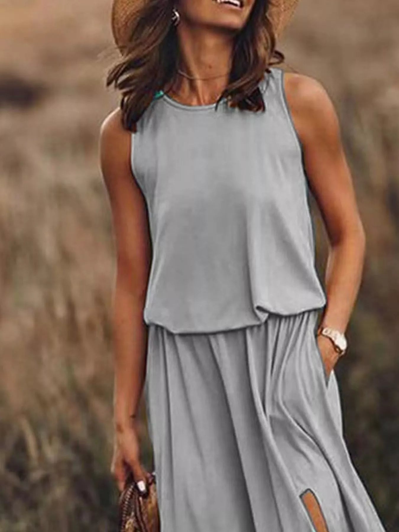 Full Size Round Neck Sleeveless Slit Maxi Dress Plus Size